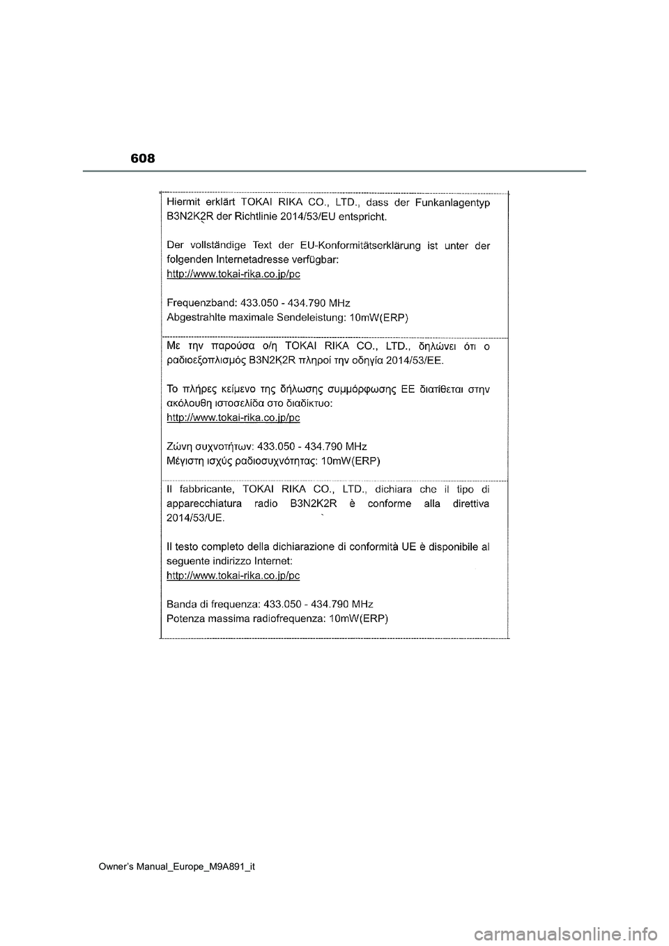 TOYOTA BZ4X 2023  Manuale duso (in Italian) 608
Owner’s Manual_Europe_M9A891_it  TOYOTA BZ4X 2023  Manuale duso (in Italian) 608
Owner’s Manual_Europe_M9A891_it