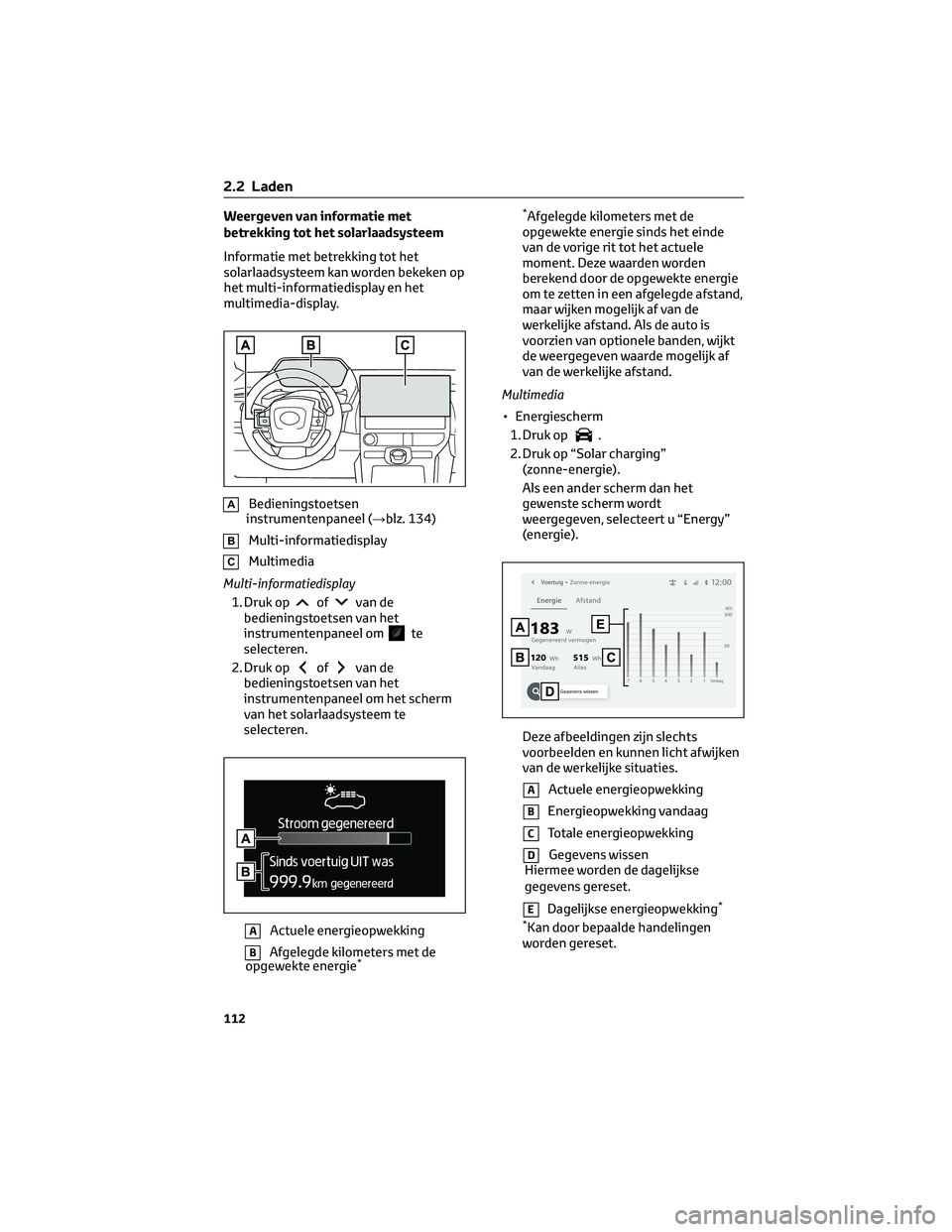 TOYOTA BZ4X 2023 Instructieboekje (in Dutch) Weergeven van informatie met
betrekking tot het solarlaadsysteem
Informatie met betrekking tot het
solarlaadsysteem kan worden bekeken op
het multi-informatiedisplay en het
multimedia-display.
ABedien TOYOTA BZ4X 2023 Instructieboekje (in Dutch) Weergeven van informatie met
betrekking tot het solarlaadsysteem
Informatie met betrekking tot het
solarlaadsysteem kan worden bekeken op
het multi-informatiedisplay en het
multimedia-display.
ABedien