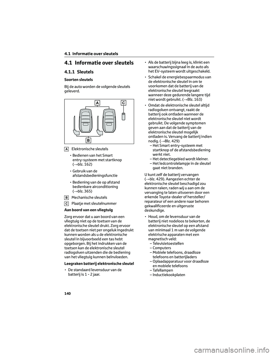 TOYOTA BZ4X 2023 Instructieboekje (in Dutch) 4.1 Informatie over sleutels
4.1.1 Sleutels
Soorten sleutels
Bij de auto worden de volgende sleutels
geleverd.
AElektronische sleutels
• Bedienen van het Smart
entry-systeem met startknop
(→blz. 1 TOYOTA BZ4X 2023 Instructieboekje (in Dutch) 4.1 Informatie over sleutels
4.1.1 Sleutels
Soorten sleutels
Bij de auto worden de volgende sleutels
geleverd.
AElektronische sleutels
• Bedienen van het Smart
entry-systeem met startknop
(→blz. 1