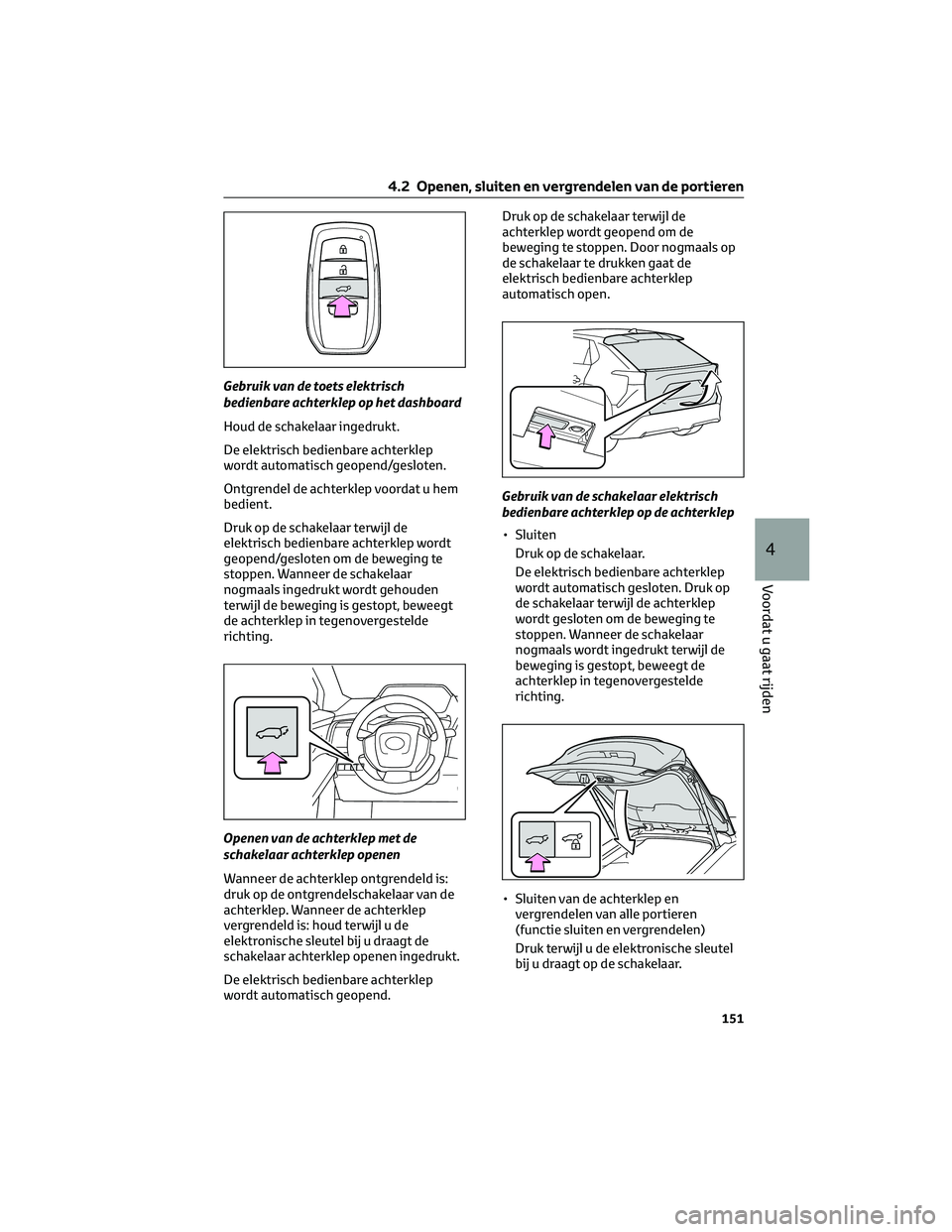 TOYOTA BZ4X 2023 Instructieboekje (in Dutch) Gebruik van de toets elektrisch
bedienbare achterklep op het dashboard
Houd de schakelaar ingedrukt.
De elektrisch bedienbare achterklep
wordt automatisch geopend/gesloten.
Ontgrendel de achterklep vo TOYOTA BZ4X 2023 Instructieboekje (in Dutch) Gebruik van de toets elektrisch
bedienbare achterklep op het dashboard
Houd de schakelaar ingedrukt.
De elektrisch bedienbare achterklep
wordt automatisch geopend/gesloten.
Ontgrendel de achterklep vo