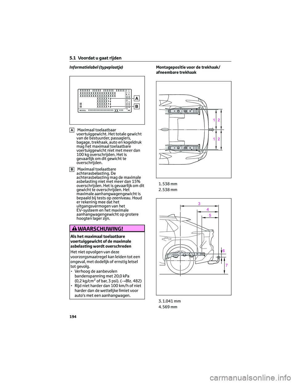 TOYOTA BZ4X 2023  Instructieboekje (in Dutch) Informatielabel (typeplaatje)
AMaximaal toelaatbaar
voertuiggewicht. Het totale gewicht
van de bestuurder, passagiers,
bagage, trekhaak, auto en kogeldruk
mag het maximaal toelaatbare
voertuiggewicht 