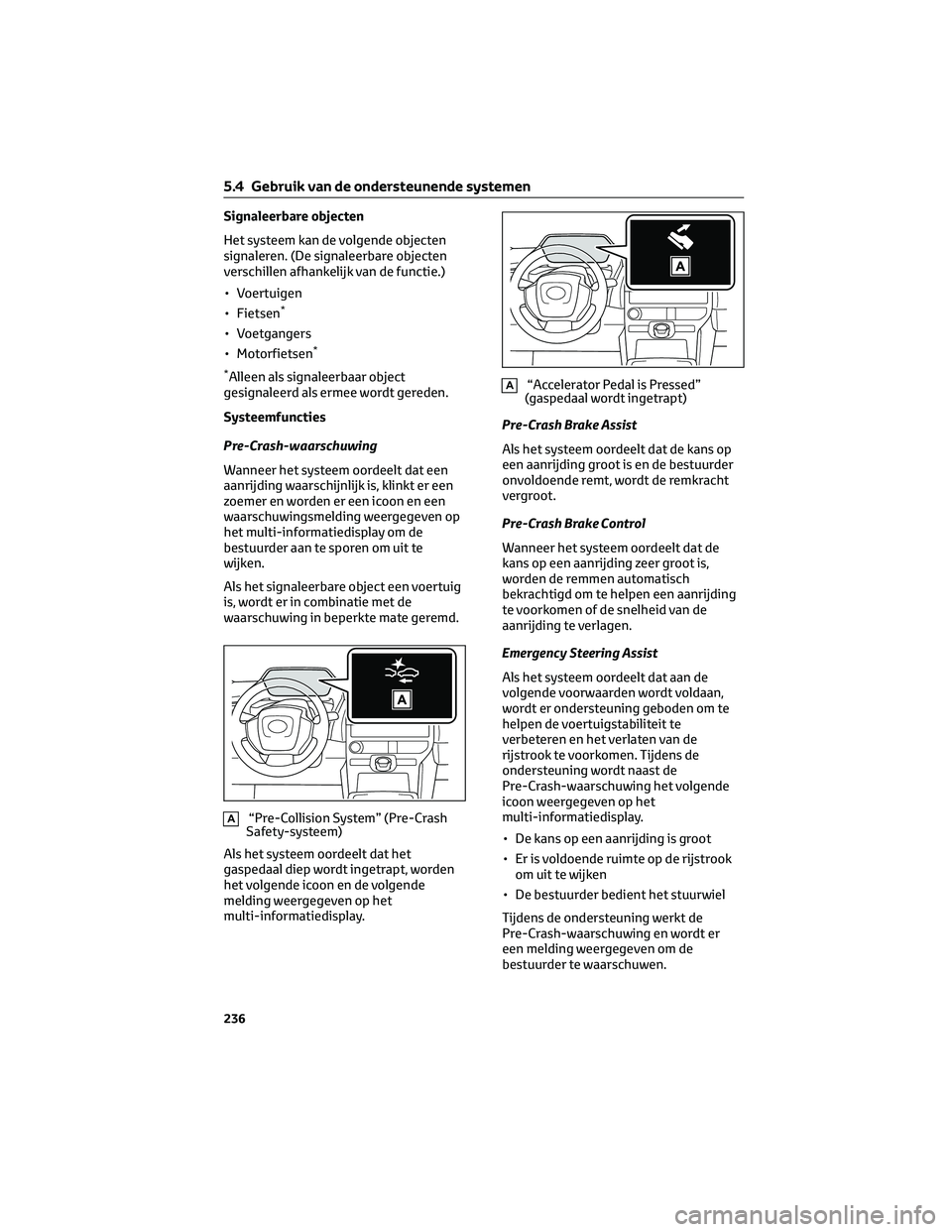 TOYOTA BZ4X 2023 Instructieboekje (in Dutch) Signaleerbare objecten
Het systeem kan de volgende objecten
signaleren. (De signaleerbare objecten
verschillen afhankelijk van de functie.)
• Voertuigen
• Fietsen
*
• Voetgangers
• Motorfietse TOYOTA BZ4X 2023 Instructieboekje (in Dutch) Signaleerbare objecten
Het systeem kan de volgende objecten
signaleren. (De signaleerbare objecten
verschillen afhankelijk van de functie.)
• Voertuigen
• Fietsen
*
• Voetgangers
• Motorfietse