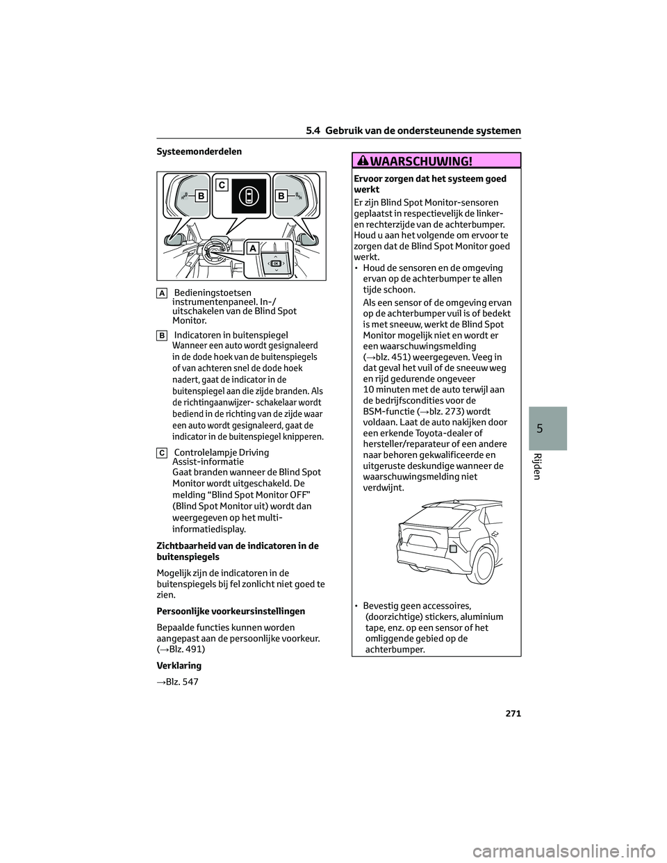 TOYOTA BZ4X 2023 Instructieboekje (in Dutch) Systeemonderdelen
ABedieningstoetsen
instrumentenpaneel. In-/
uitschakelen van de Blind Spot
Monitor.
BIndicatoren in buitenspiegelWanneer een auto wordt gesignaleerd
in de dode hoek van de buitenspie TOYOTA BZ4X 2023 Instructieboekje (in Dutch) Systeemonderdelen
ABedieningstoetsen
instrumentenpaneel. In-/
uitschakelen van de Blind Spot
Monitor.
BIndicatoren in buitenspiegelWanneer een auto wordt gesignaleerd
in de dode hoek van de buitenspie