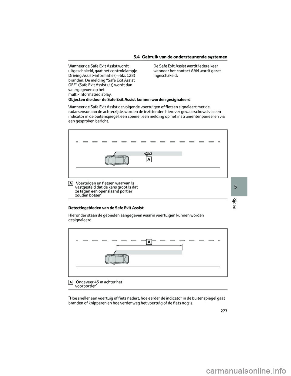 TOYOTA BZ4X 2023  Instructieboekje (in Dutch) Wanneer de Safe Exit Assist wordt
uitgeschakeld, gaat het controlelampje
Driving Assist-informatie (→blz. 128)
branden. De melding “Safe Exit Assist
OFF” (Safe Exit Assist uit) wordt dan
weergeg