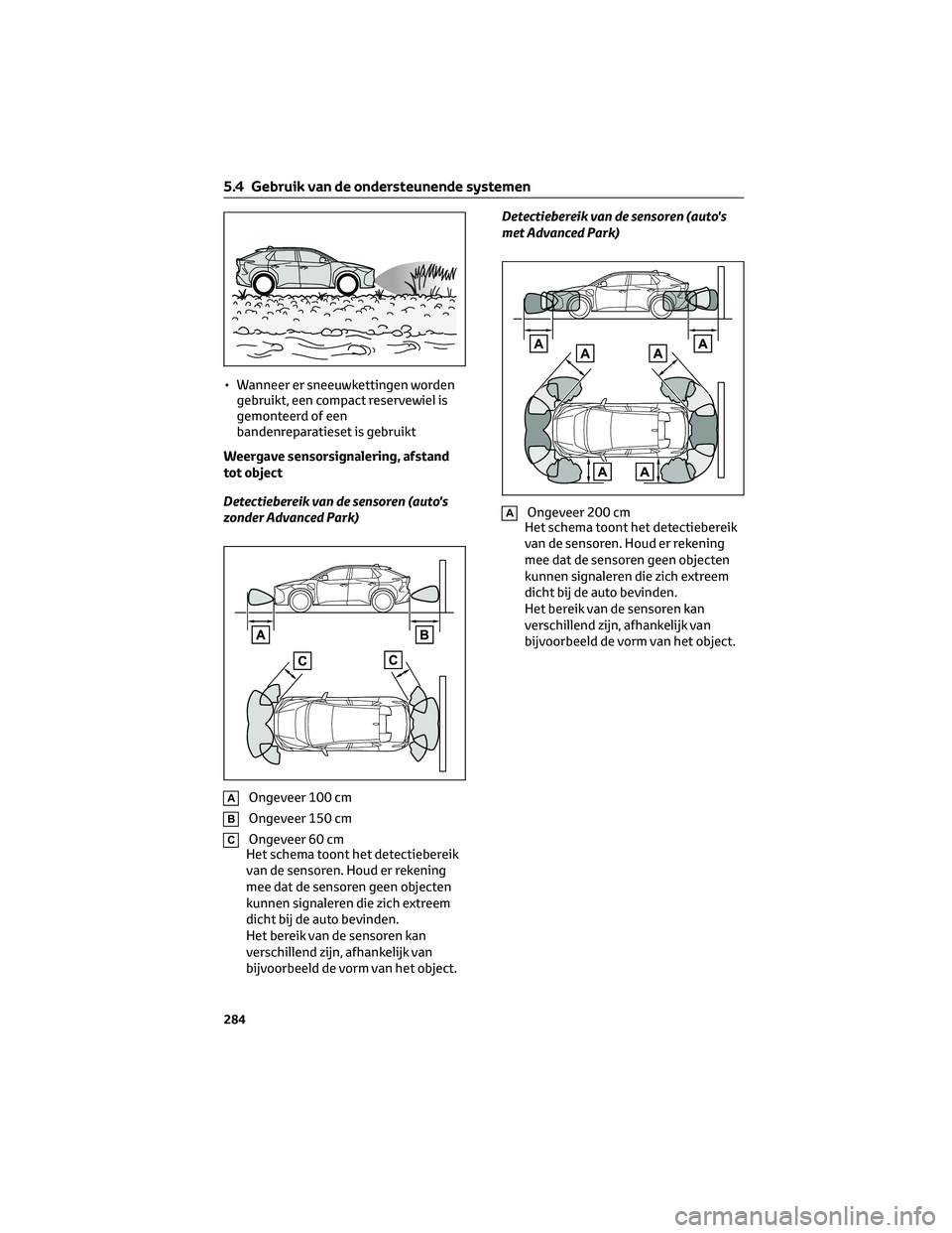 TOYOTA BZ4X 2023  Instructieboekje (in Dutch) • Wanneer er sneeuwkettingen worden
gebruikt, een compact reservewiel is
gemonteerd of een
bandenreparatieset is gebruikt
Weergave sensorsignalering, afstand
tot object
Detectiebereik van de sensore