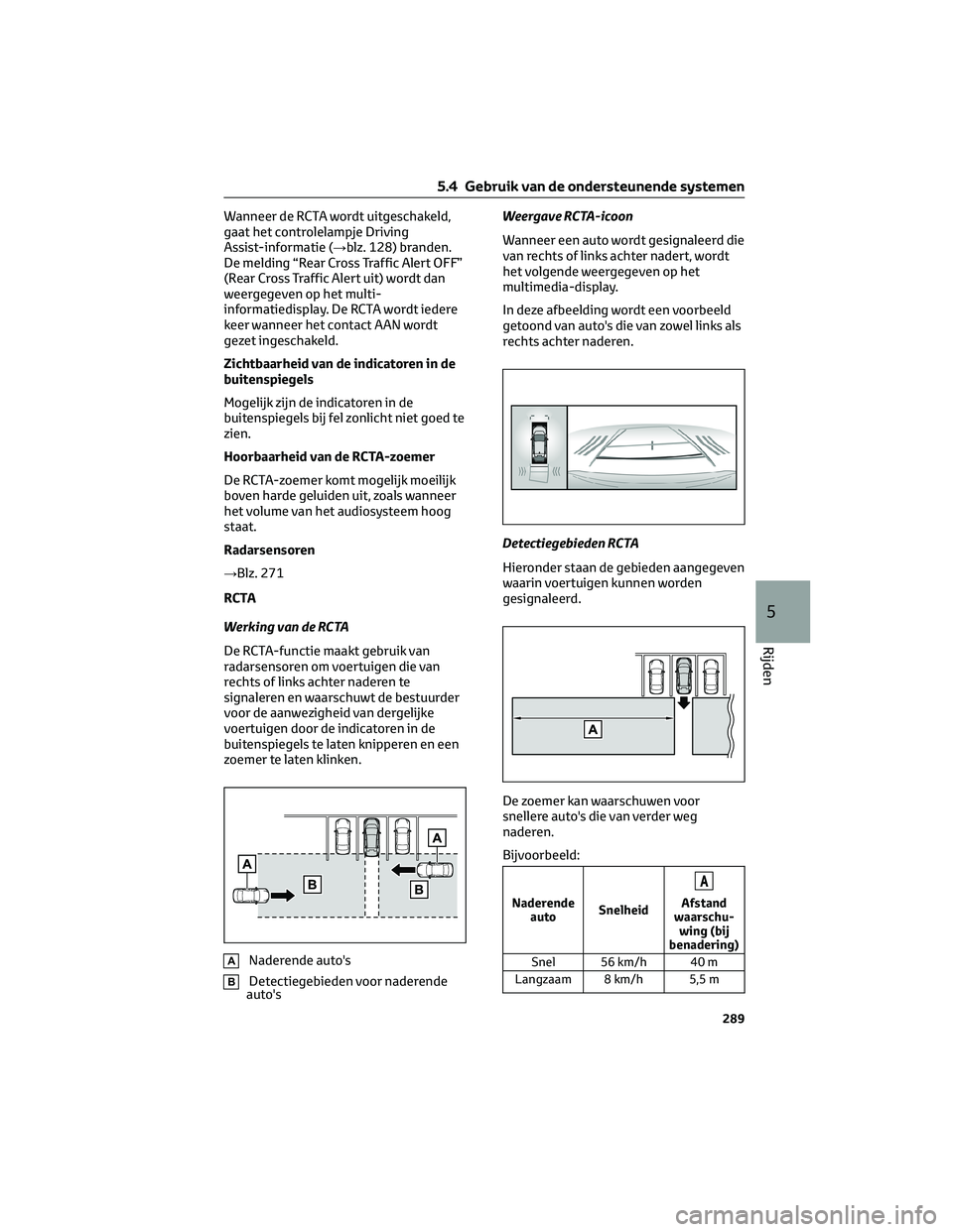TOYOTA BZ4X 2023 Instructieboekje (in Dutch) Wanneer de RCTA wordt uitgeschakeld,
gaat het controlelampje Driving
Assist-informatie (→blz. 128) branden.
De melding “Rear Cross Traffic Alert OFF”
(Rear Cross Traffic Alert uit) wordt dan
wee TOYOTA BZ4X 2023 Instructieboekje (in Dutch) Wanneer de RCTA wordt uitgeschakeld,
gaat het controlelampje Driving
Assist-informatie (→blz. 128) branden.
De melding “Rear Cross Traffic Alert OFF”
(Rear Cross Traffic Alert uit) wordt dan
wee