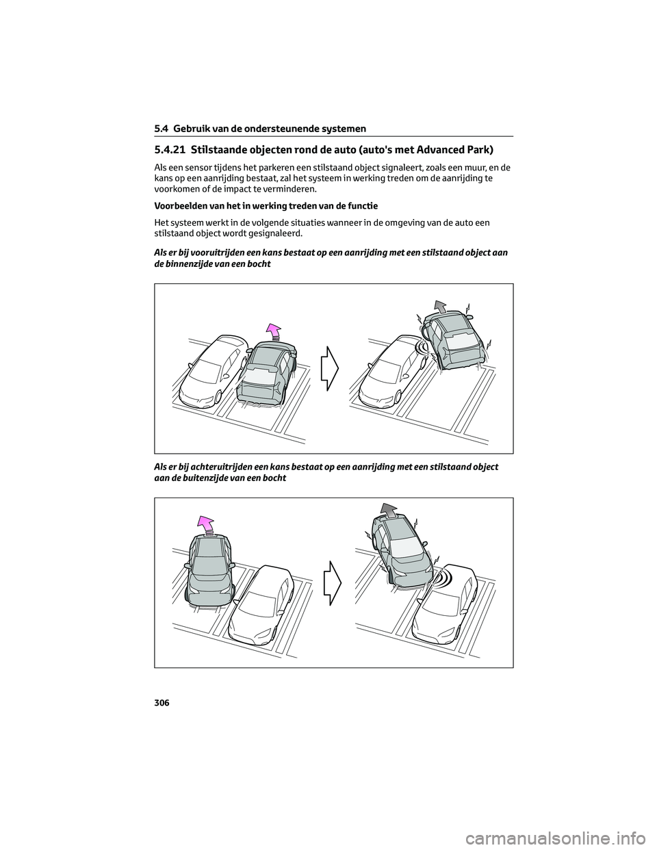 TOYOTA BZ4X 2023 Instructieboekje (in Dutch) 5.4.21 Stilstaande objecten rond de auto (auto's met Advanced Park)
Als een sensor tijdens het parkeren een stilstaand object signaleert, zoals een muur, en de
kans op een aanrijding bestaat, zal TOYOTA BZ4X 2023 Instructieboekje (in Dutch) 5.4.21 Stilstaande objecten rond de auto (auto's met Advanced Park)
Als een sensor tijdens het parkeren een stilstaand object signaleert, zoals een muur, en de
kans op een aanrijding bestaat, zal