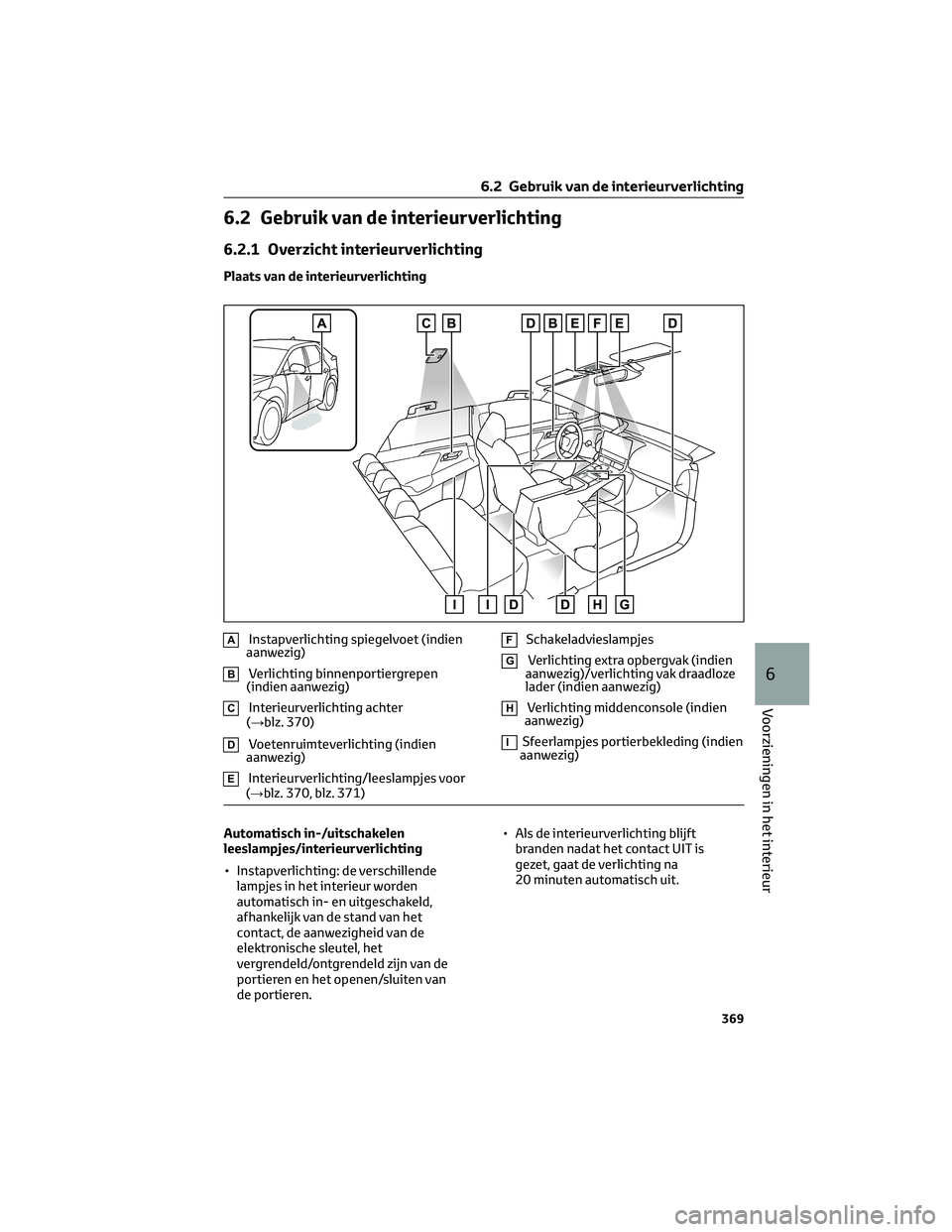 TOYOTA BZ4X 2023 Instructieboekje (in Dutch) 6.2 Gebruik van de interieurverlichting
6.2.1 Overzicht interieurverlichting
Plaats van de interieurverlichting
AInstapverlichting spiegelvoet (indien
aanwezig)
BVerlichting binnenportiergrepen
(indie TOYOTA BZ4X 2023 Instructieboekje (in Dutch) 6.2 Gebruik van de interieurverlichting
6.2.1 Overzicht interieurverlichting
Plaats van de interieurverlichting
AInstapverlichting spiegelvoet (indien
aanwezig)
BVerlichting binnenportiergrepen
(indie