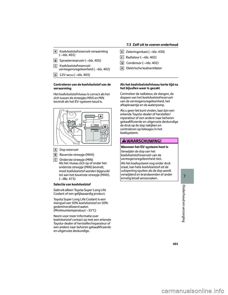 TOYOTA BZ4X 2023  Instructieboekje (in Dutch) AKoelvloeistofreservoir verwarming
(→blz. 401)
BSproeierreservoir (→blz. 405)
CKoelvloeistofreservoir
vermogensregeleenheid (→blz. 402)
D12V-accu (→blz. 403)
EZekeringenkast (→blz. 430)
FRad