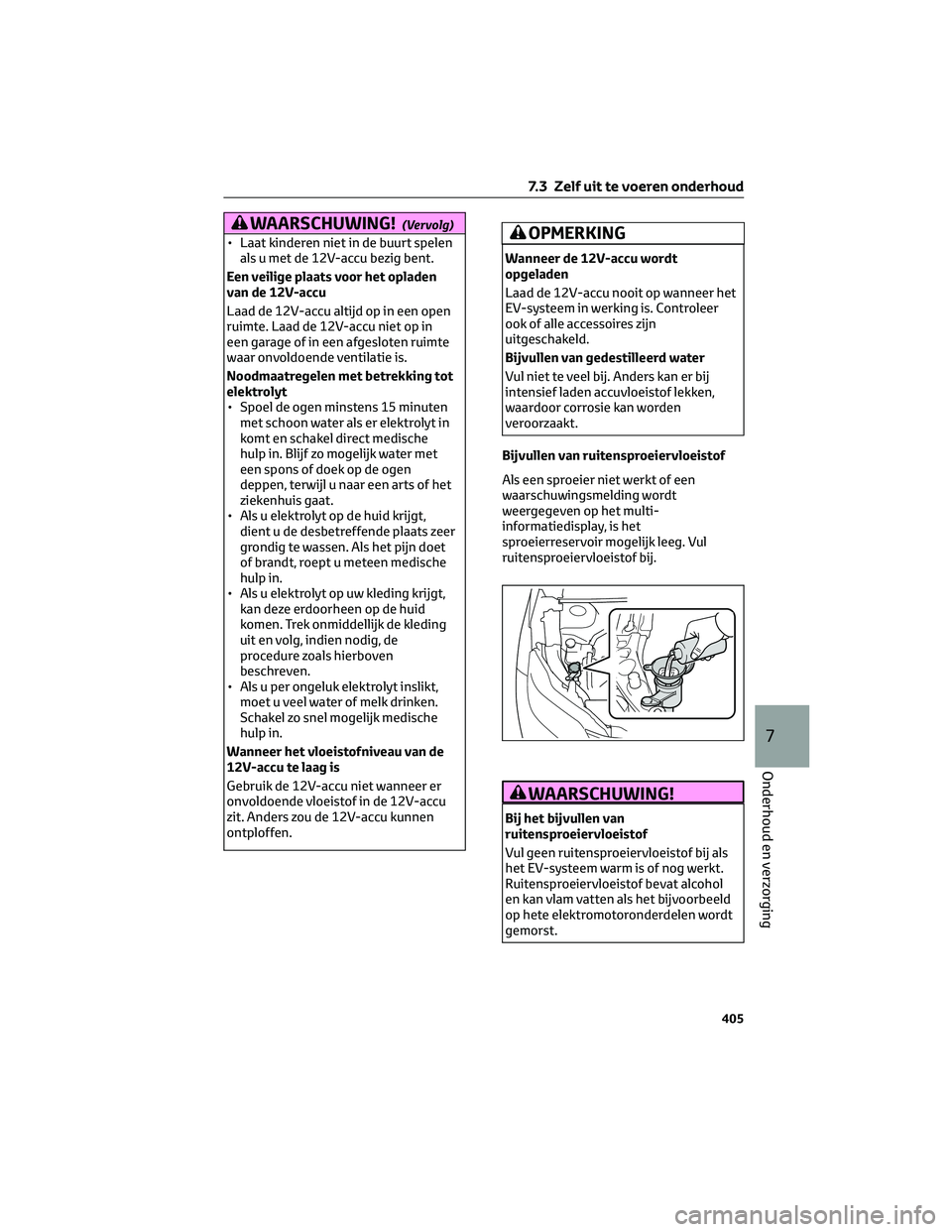 TOYOTA BZ4X 2023  Instructieboekje (in Dutch) WAARSCHUWING!(Vervolg)
• Laat kinderen niet in de buurt spelen
als u met de 12V-accu bezig bent.
Een veilige plaats voor het opladen
van de 12V-accu
Laad de 12V-accu altijd op in een open
ruimte. La