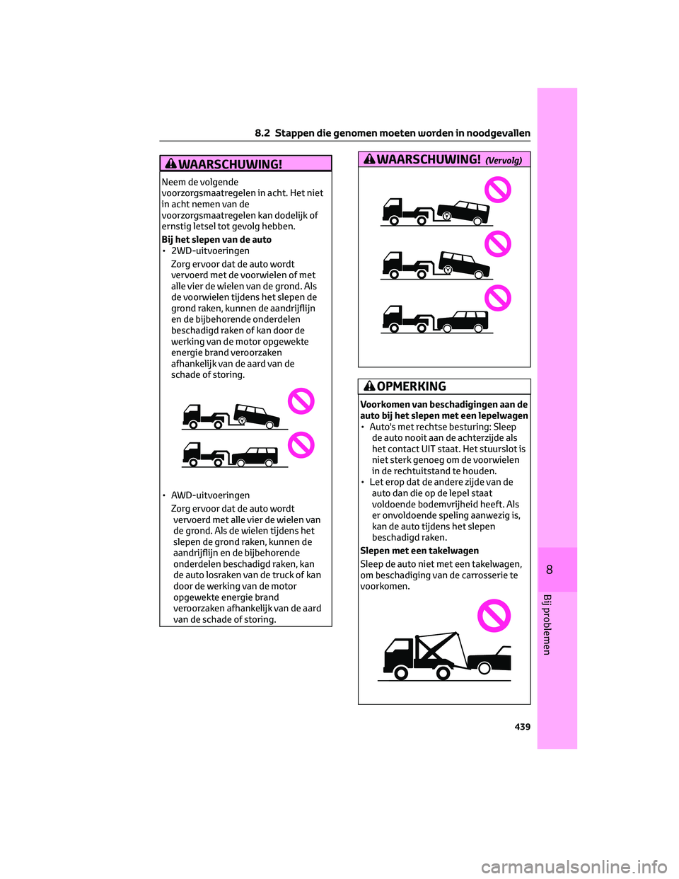 TOYOTA BZ4X 2023 Instructieboekje (in Dutch) WAARSCHUWING!
Neem de volgende
voorzorgsmaatregelen in acht. Het niet
in acht nemen van de
voorzorgsmaatregelen kan dodelijk of
ernstig letsel tot gevolg hebben.
Bij het slepen van de auto
• 2WD-uit TOYOTA BZ4X 2023 Instructieboekje (in Dutch) WAARSCHUWING!
Neem de volgende
voorzorgsmaatregelen in acht. Het niet
in acht nemen van de
voorzorgsmaatregelen kan dodelijk of
ernstig letsel tot gevolg hebben.
Bij het slepen van de auto
• 2WD-uit
