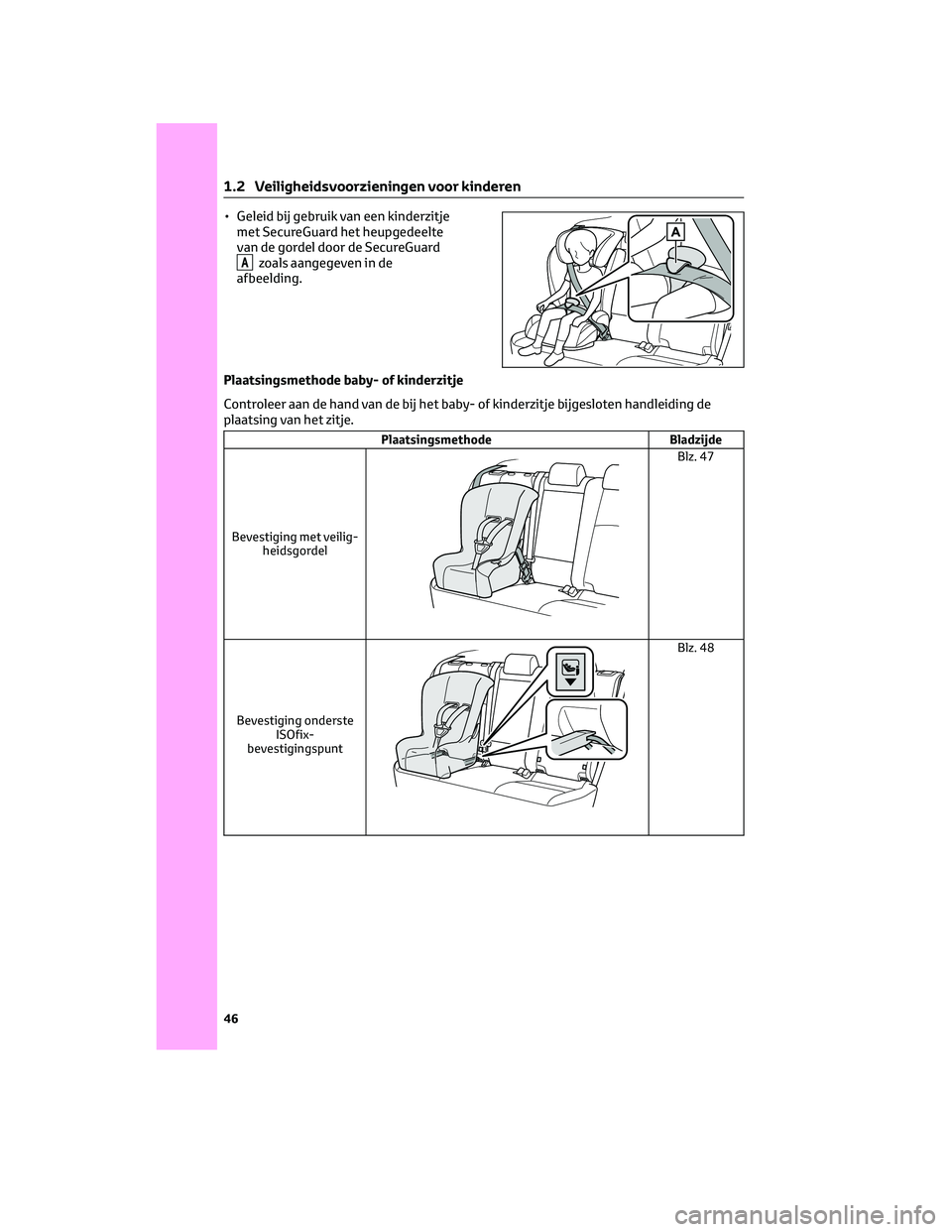 TOYOTA BZ4X 2023 Instructieboekje (in Dutch) • Geleid bij gebruik van een kinderzitje
met SecureGuard het heupgedeelte
van de gordel door de SecureGuard
Azoals aangegeven in de
afbeelding.
Plaatsingsmethode baby- of kinderzitje
Controleer aan TOYOTA BZ4X 2023 Instructieboekje (in Dutch) • Geleid bij gebruik van een kinderzitje
met SecureGuard het heupgedeelte
van de gordel door de SecureGuard
Azoals aangegeven in de
afbeelding.
Plaatsingsmethode baby- of kinderzitje
Controleer aan