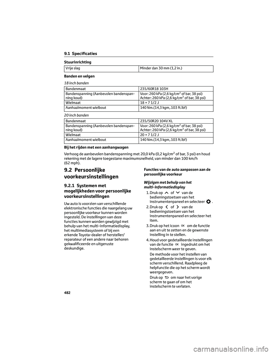 TOYOTA BZ4X 2023 Instructieboekje (in Dutch) Stuurinrichting
Vrije slag Minder dan 30 mm (1,2 in.)
Banden en velgen
18 inch banden
Bandenmaat 235/60R18 103H
Bandenspanning (Aanbevolen bandenspan-
ning koud)Voor: 260 kPa (2,6 kg/cm2of bar, 38 psi TOYOTA BZ4X 2023 Instructieboekje (in Dutch) Stuurinrichting
Vrije slag Minder dan 30 mm (1,2 in.)
Banden en velgen
18 inch banden
Bandenmaat 235/60R18 103H
Bandenspanning (Aanbevolen bandenspan-
ning koud)Voor: 260 kPa (2,6 kg/cm2of bar, 38 psi