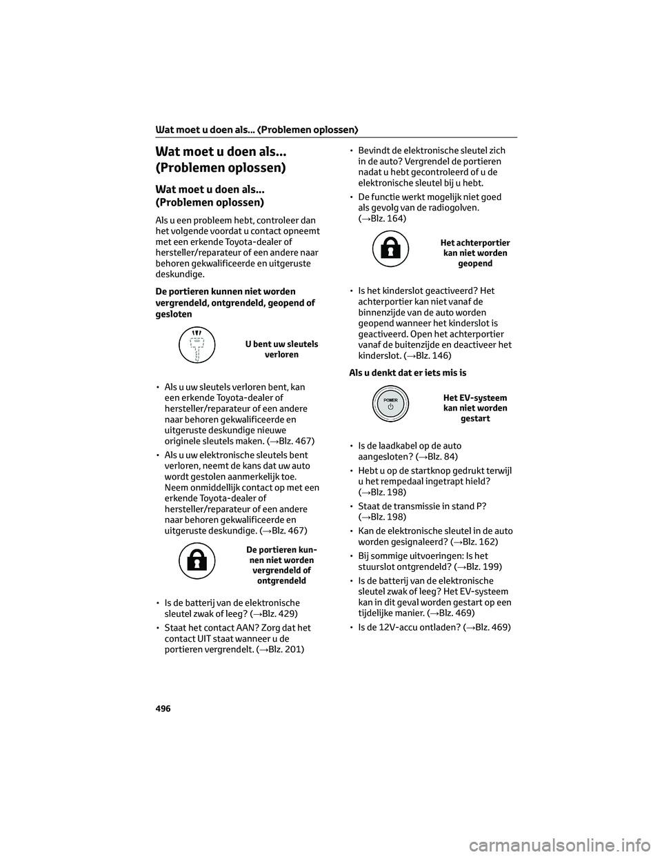 TOYOTA BZ4X 2023 Instructieboekje (in Dutch) Wat moet u doen als...
(Problemen oplossen)
Wat moet u doen als...
(Problemen oplossen)
Als u een probleem hebt, controleer dan
het volgende voordat u contact opneemt
met een erkende Toyota-dealer of
TOYOTA BZ4X 2023 Instructieboekje (in Dutch) Wat moet u doen als...
(Problemen oplossen)
Wat moet u doen als...
(Problemen oplossen)
Als u een probleem hebt, controleer dan
het volgende voordat u contact opneemt
met een erkende Toyota-dealer of