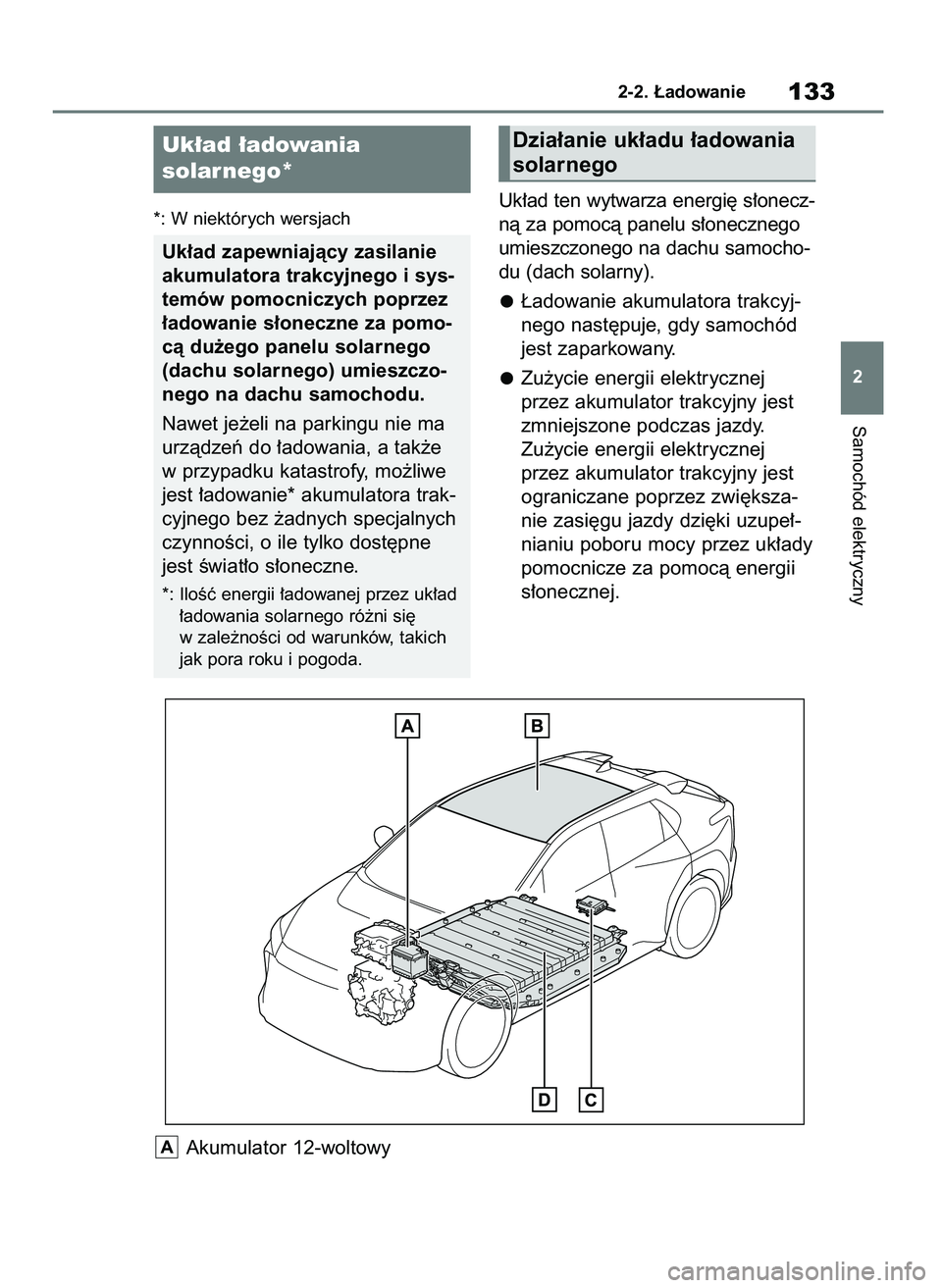 TOYOTA BZ4X 2023  Instrukcja obsługi (in Polish) *: W niektórych wersjachUk∏ad ten wytwarza energi´ s∏onecz-
nà za pomocà panelu s∏onecznego
umieszczonego na dachu samocho-
du (dach solarny).
¸adowanie akumulatora trakcyj-
nego nast´puje