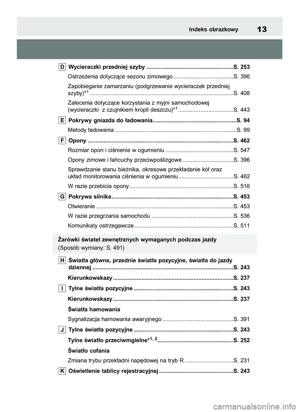 TOYOTA BZ4X 2023  Instrukcja obsługi (in Polish) Wycieraczki przedniej szyby .......................................................S. 253
Ostrze˝enia dotyczàce sezonu zimowego ......................................S. 396
Zapobieganie zamarzaniu (
