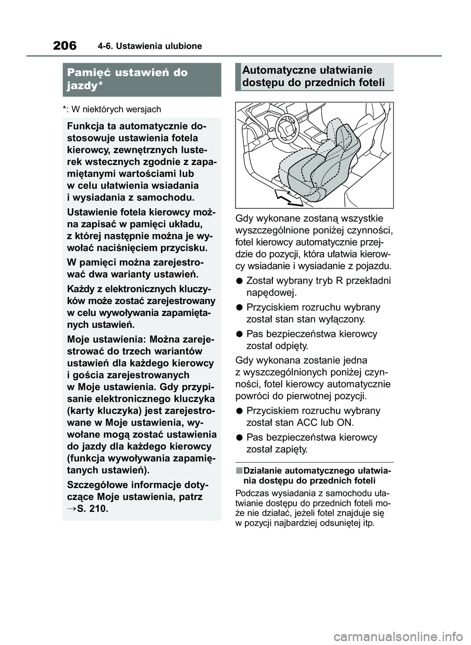 TOYOTA BZ4X 2023  Instrukcja obsługi (in Polish) *: W niektórych wersjach
Gdy wykonane zostanà wszystkie
wyszczególnione poni˝ej czynnoÊci,
fotel kierowcy automatycznie przej-
dzie do pozycji, która u∏atwia kierow-
cy wsiadanie i wysiadanie 
