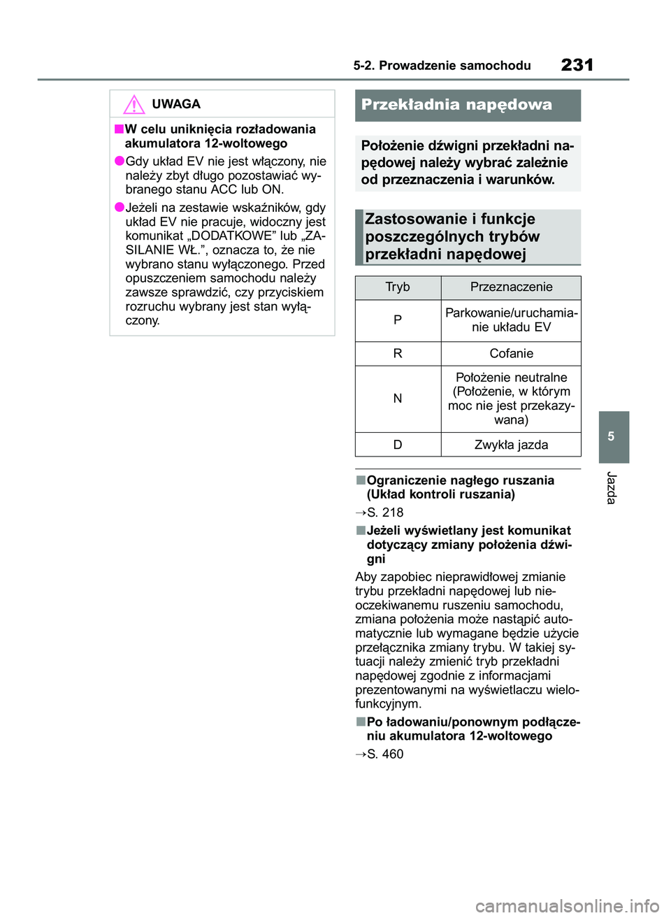 TOYOTA BZ4X 2023  Instrukcja obsługi (in Polish) Ograniczenie nag∏ego ruszania
(Uk∏ad kontroli ruszania)
S. 218
Je˝eli wyÊwietlany jest komunikat
dotyczàcy zmiany po∏o˝enia dêwi-
gni
Aby zapobiec nieprawid∏owej zmianie
trybu przek∏ad