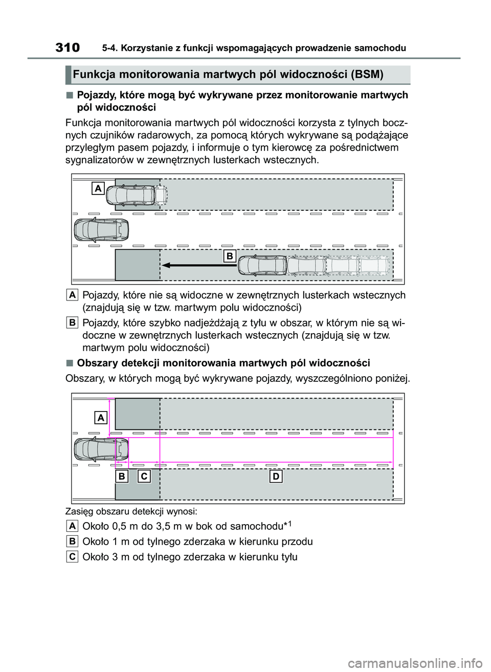 TOYOTA BZ4X 2023  Instrukcja obsługi (in Polish) 3105-4. Korzystanie z funkcji wspomagajàcych prowadzenie samochodu
Funkcja monitorowania martwych pól widocznoÊci (BSM)
Pojazdy, które mogà byç wykrywane przez monitorowanie martwych
pól widocz