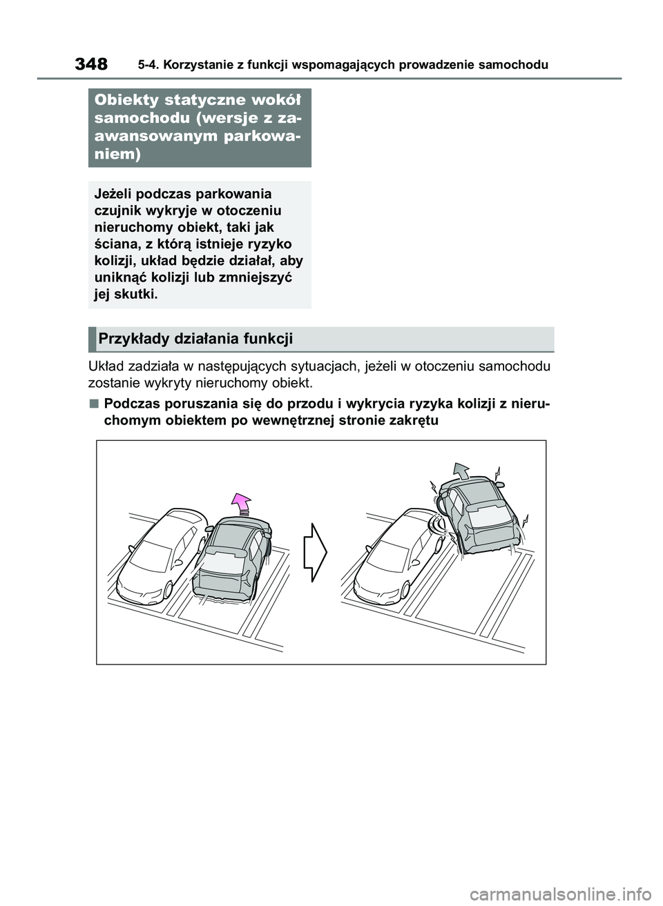 TOYOTA BZ4X 2023  Instrukcja obsługi (in Polish) Uk∏ad zadzia∏a w nast´pujàcych sytuacjach, je˝eli w otoczeniu samochodu
zostanie wykryty nieruchomy obiekt.
Podczas poruszania si´ do przodu i wykrycia ryzyka kolizji z nieru-
chomym obiektem 