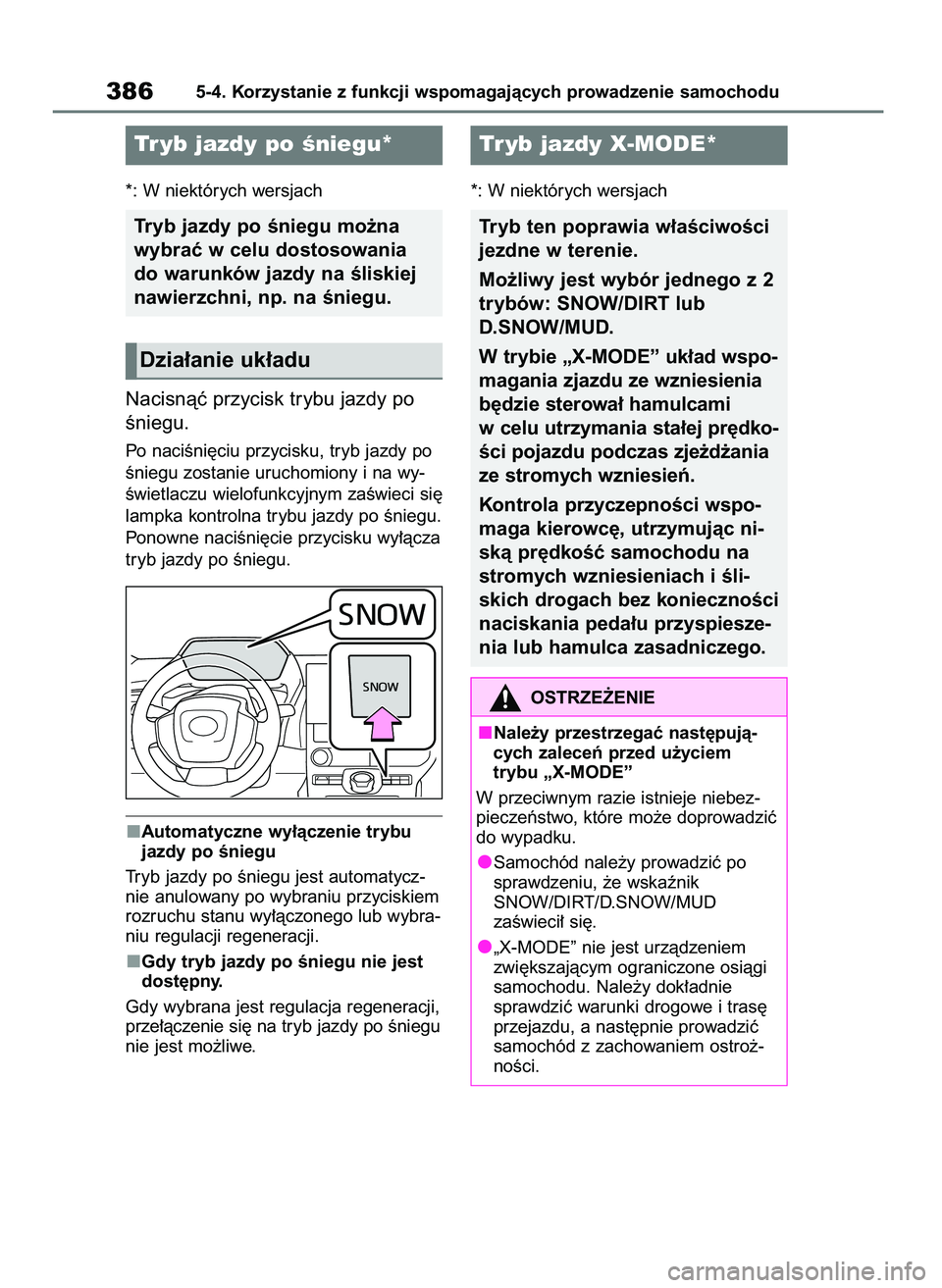 TOYOTA BZ4X 2023  Instrukcja obsługi (in Polish) *: W niektórych wersjach
Nacisnàç przycisk trybu jazdy po
Êniegu.
Po naciÊni´ciu przycisku, tryb jazdy po
Êniegu zostanie uruchomiony i na wy-
Êwietlaczu wielofunkcyjnym zaÊwieci si´
lampka 