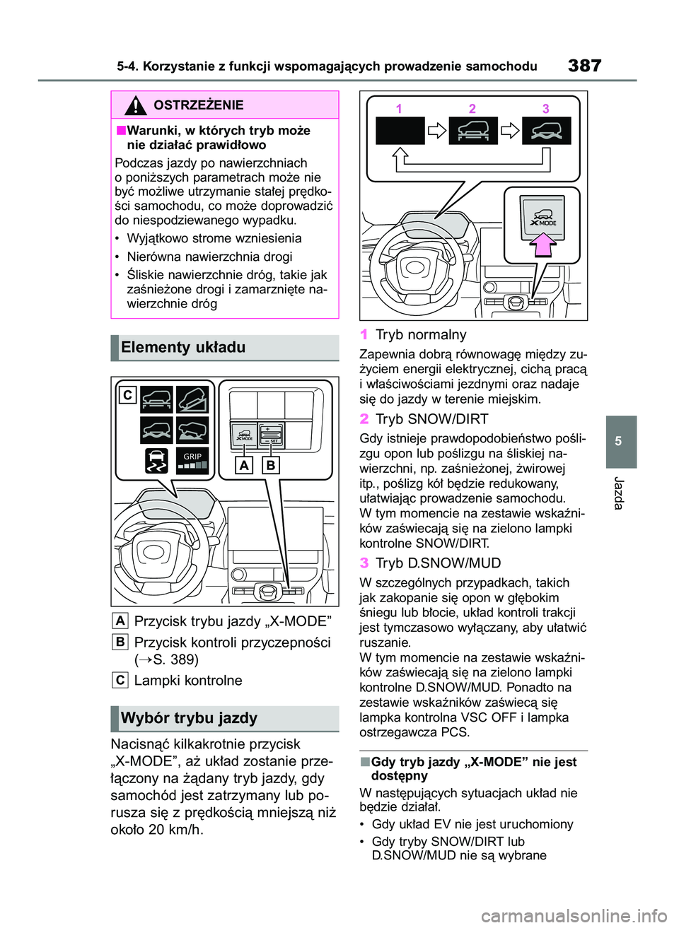 TOYOTA BZ4X 2023  Instrukcja obsługi (in Polish) Przycisk trybu jazdy „X-MODE”
Przycisk kontroli przyczepnoÊci
(
S. 389)
Lampki kontrolne
Nacisnàç kilkakrotnie przycisk 
„X-MODE”, a˝ uk∏ad zostanie prze-
∏àczony na ˝àdany tryb ja