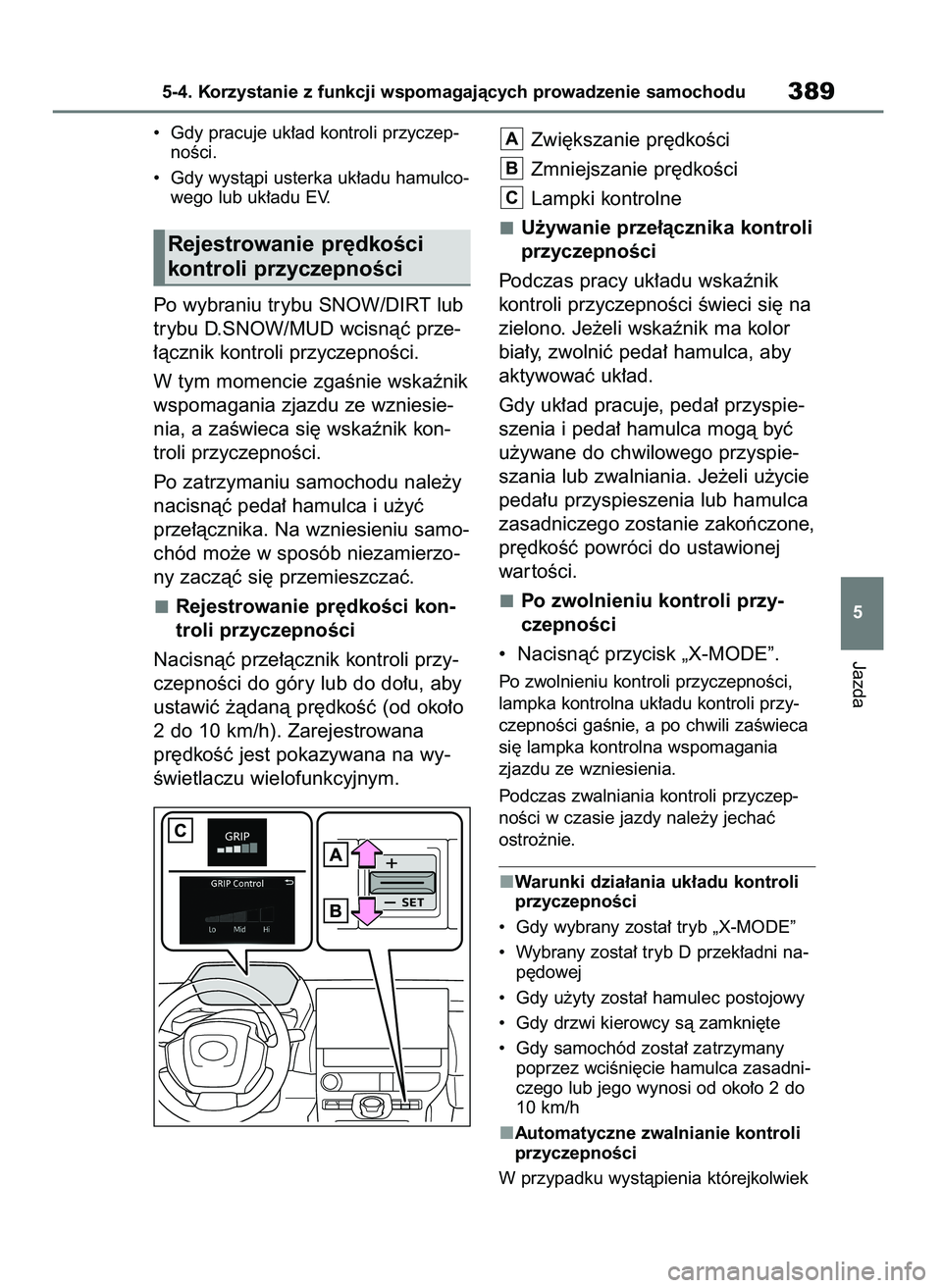 TOYOTA BZ4X 2023 Instrukcja obsługi (in Polish) • Gdy pracuje uk∏ad kontroli przyczep-
noÊci.
• Gdy wystàpi usterka uk∏adu hamulco-
wego lub uk∏adu EV.
Po wybraniu trybu SNOW/DIRT lub
trybu D.SNOW/MUD wcisnàç prze-
∏àcznik kontro TOYOTA BZ4X 2023 Instrukcja obsługi (in Polish) • Gdy pracuje uk∏ad kontroli przyczep-
noÊci.
• Gdy wystàpi usterka uk∏adu hamulco-
wego lub uk∏adu EV.
Po wybraniu trybu SNOW/DIRT lub
trybu D.SNOW/MUD wcisnàç prze-
∏àcznik kontro
