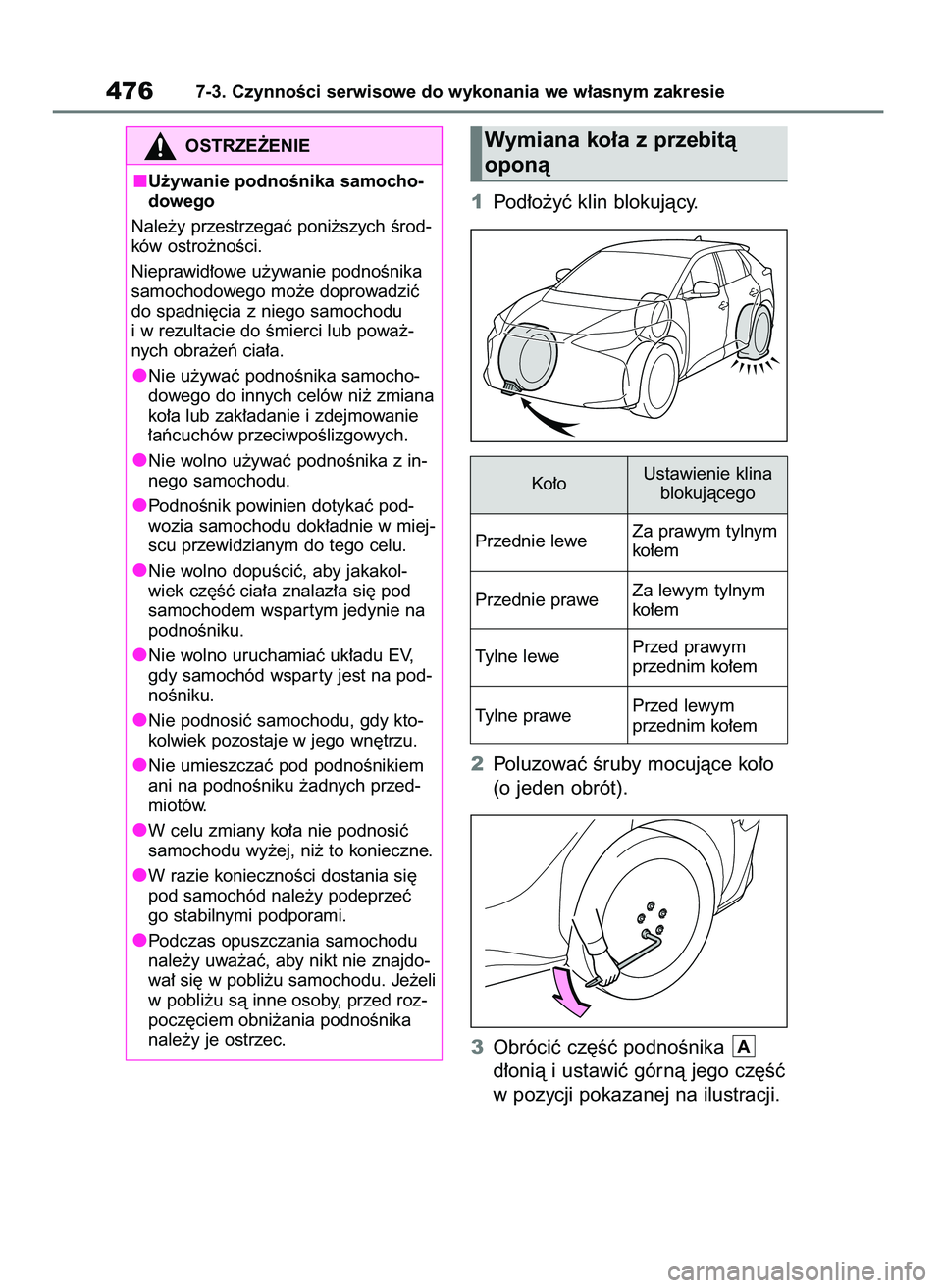 TOYOTA BZ4X 2023  Instrukcja obsługi (in Polish) 1Pod∏o˝yç klin blokujàcy.
2Poluzowaç Êruby mocujàce ko∏o
(o jeden obrót).
3Obróciç cz´Êç podnoÊnika 
d∏onià i ustawiç górnà jego cz´Êç
w pozycji pokazanej na ilustracji.
A
47