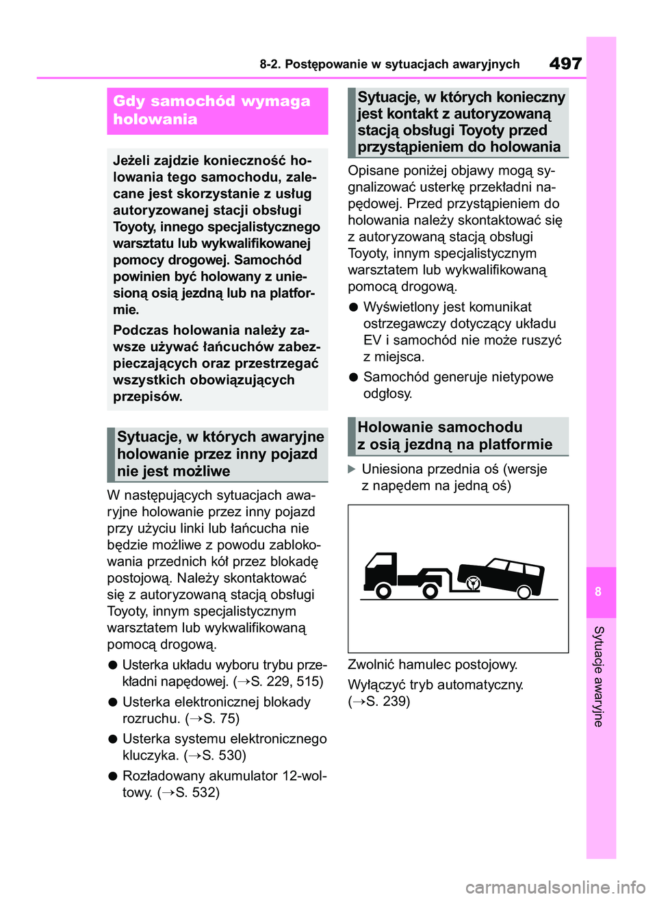 TOYOTA BZ4X 2023 Instrukcja obsługi (in Polish) W nast´pujàcych sytuacjach awa-
ryjne holowanie przez inny pojazd
przy u˝yciu linki lub ∏aƒcucha nie
b´dzie mo˝liwe z powodu zabloko-
wania przednich kó∏ przez blokad´
postojowà. Nale˝y TOYOTA BZ4X 2023 Instrukcja obsługi (in Polish) W nast´pujàcych sytuacjach awa-
ryjne holowanie przez inny pojazd
przy u˝yciu linki lub ∏aƒcucha nie
b´dzie mo˝liwe z powodu zabloko-
wania przednich kó∏ przez blokad´
postojowà. Nale˝y