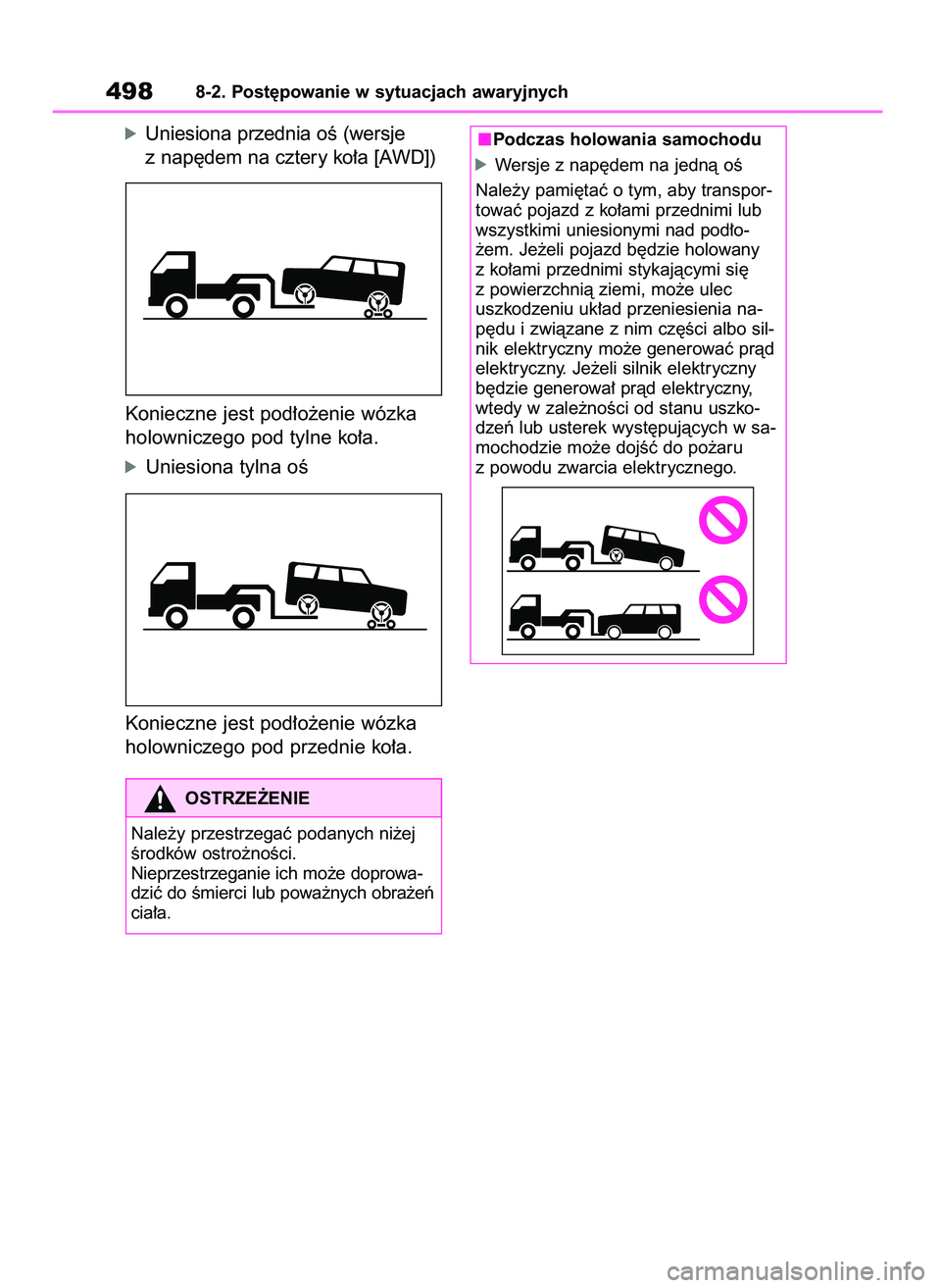 TOYOTA BZ4X 2023  Instrukcja obsługi (in Polish) óUniesiona przednia oÊ (wersje
z nap´dem na cztery ko∏a [AWD])
Konieczne jest pod∏o˝enie wózka
holowniczego pod tylne ko∏a.
óUniesiona tylna oÊ
Konieczne jest pod∏o˝enie wózka
holowni