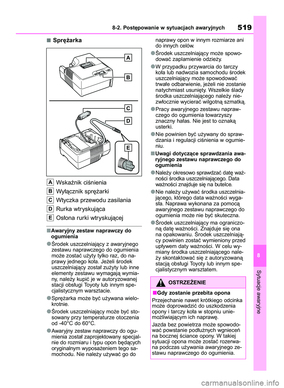 TOYOTA BZ4X 2023  Instrukcja obsługi (in Polish) Spr´˝arka
Wskaênik ciÊnienia
Wy∏àcznik spr´˝arki
Wtyczka przewodu zasilania
Rurka wtryskujàca
Os∏ona rurki wtryskujàcej
Awaryjny zestaw naprawczy do
ogumienia
Ârodek uszczelniajàcy z aw