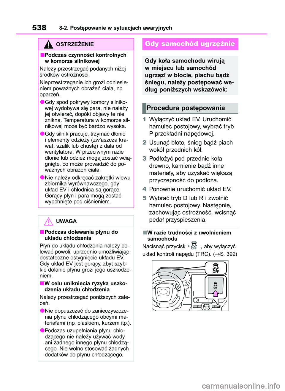 TOYOTA BZ4X 2023  Instrukcja obsługi (in Polish) 1Wy∏àczyç uk∏ad EV. Uruchomiç
hamulec postojowy, wybraç tryb
P przek∏adni nap´dowej.
2Usunàç b∏oto, Ênieg bàdê piach
wokó∏ przednich kó∏.
3Pod∏o˝yç pod przednie ko∏a
drew