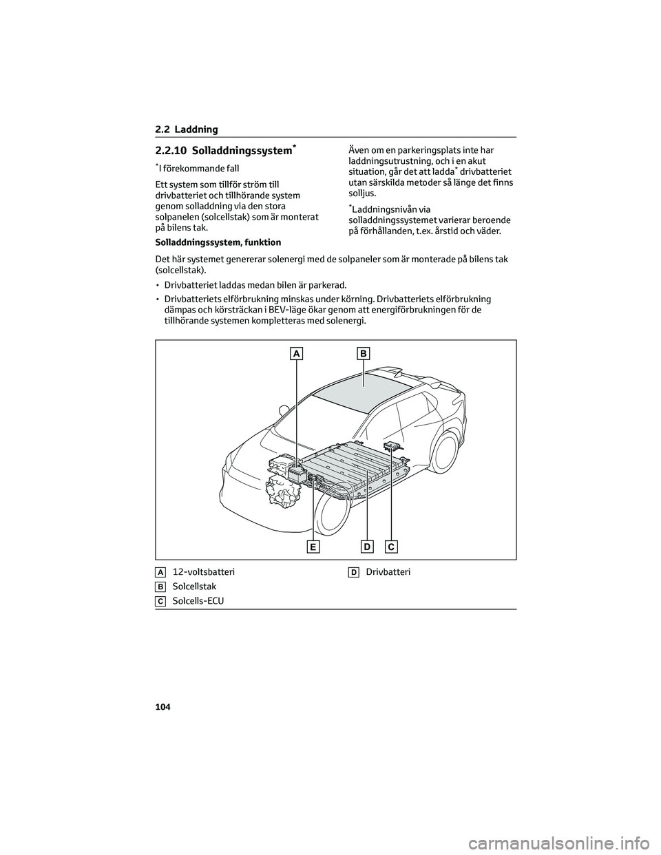 TOYOTA BZ4X 2023 Bruksanvisningar (in Swedish) 2.2.10 Solladdningssystem*
*I förekommande fall
Ett system som tillför ström till
drivbatteriet och tillhörande system
genom solladdning via den stora
solpanelen (solcellstak) som är monterat
på TOYOTA BZ4X 2023 Bruksanvisningar (in Swedish) 2.2.10 Solladdningssystem*
*I förekommande fall
Ett system som tillför ström till
drivbatteriet och tillhörande system
genom solladdning via den stora
solpanelen (solcellstak) som är monterat
på
