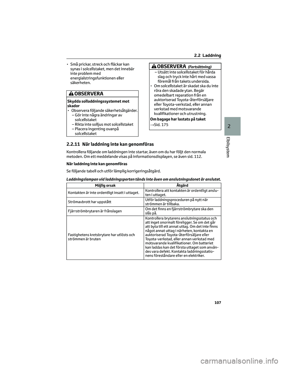 TOYOTA BZ4X 2023 Bruksanvisningar (in Swedish) • Små prickar, streck och fläckar kansynas i solcellstaket, men det innebär
inte problem med
energialstringsfunktionen eller
säkerheten.
OBSERVERA
Skydda solladdningssystemet mot
skador
• Obse TOYOTA BZ4X 2023 Bruksanvisningar (in Swedish) • Små prickar, streck och fläckar kansynas i solcellstaket, men det innebär
inte problem med
energialstringsfunktionen eller
säkerheten.
OBSERVERA
Skydda solladdningssystemet mot
skador
• Obse