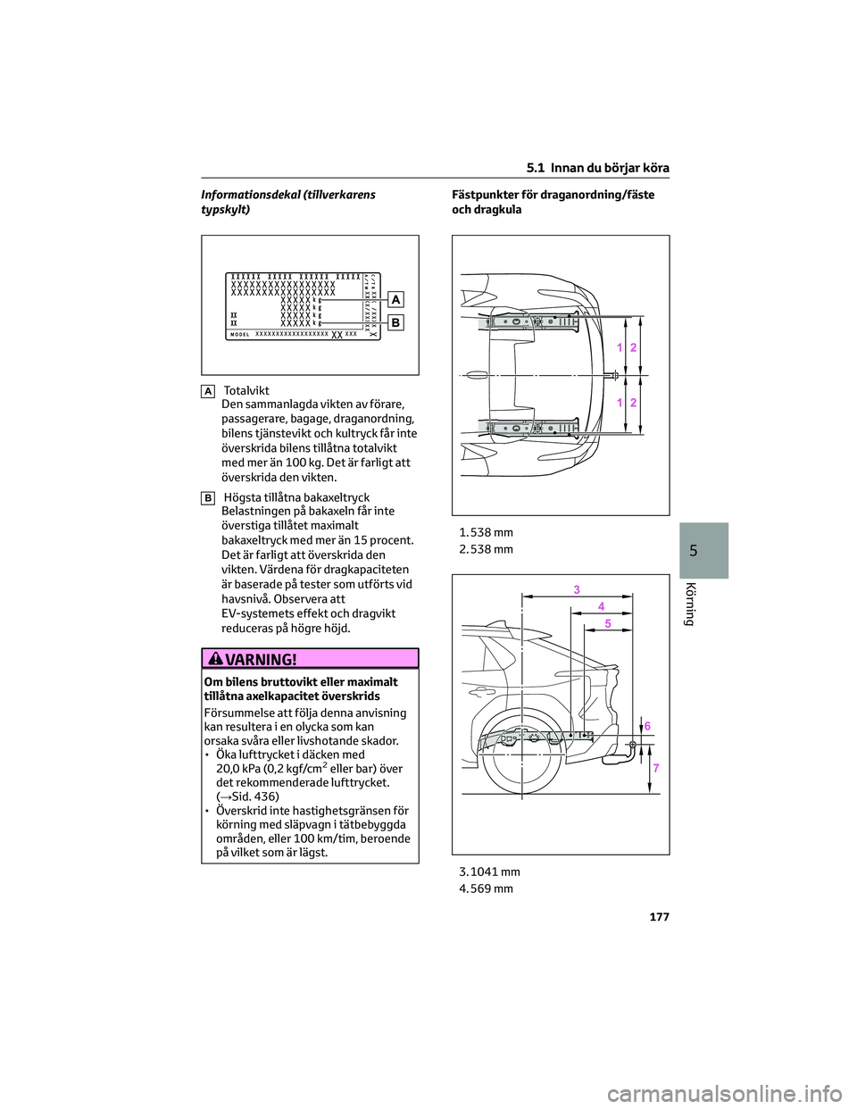 TOYOTA BZ4X 2023 Bruksanvisningar (in Swedish) Informationsdekal (tillverkarens
typskylt)
ATotalvikt
Den sammanlagda vikten av förare,
passagerare, bagage, draganordning,
bilens tjänstevikt och kultryck får inte
överskrida bilens tillåtna tot TOYOTA BZ4X 2023 Bruksanvisningar (in Swedish) Informationsdekal (tillverkarens
typskylt)
ATotalvikt
Den sammanlagda vikten av förare,
passagerare, bagage, draganordning,
bilens tjänstevikt och kultryck får inte
överskrida bilens tillåtna tot