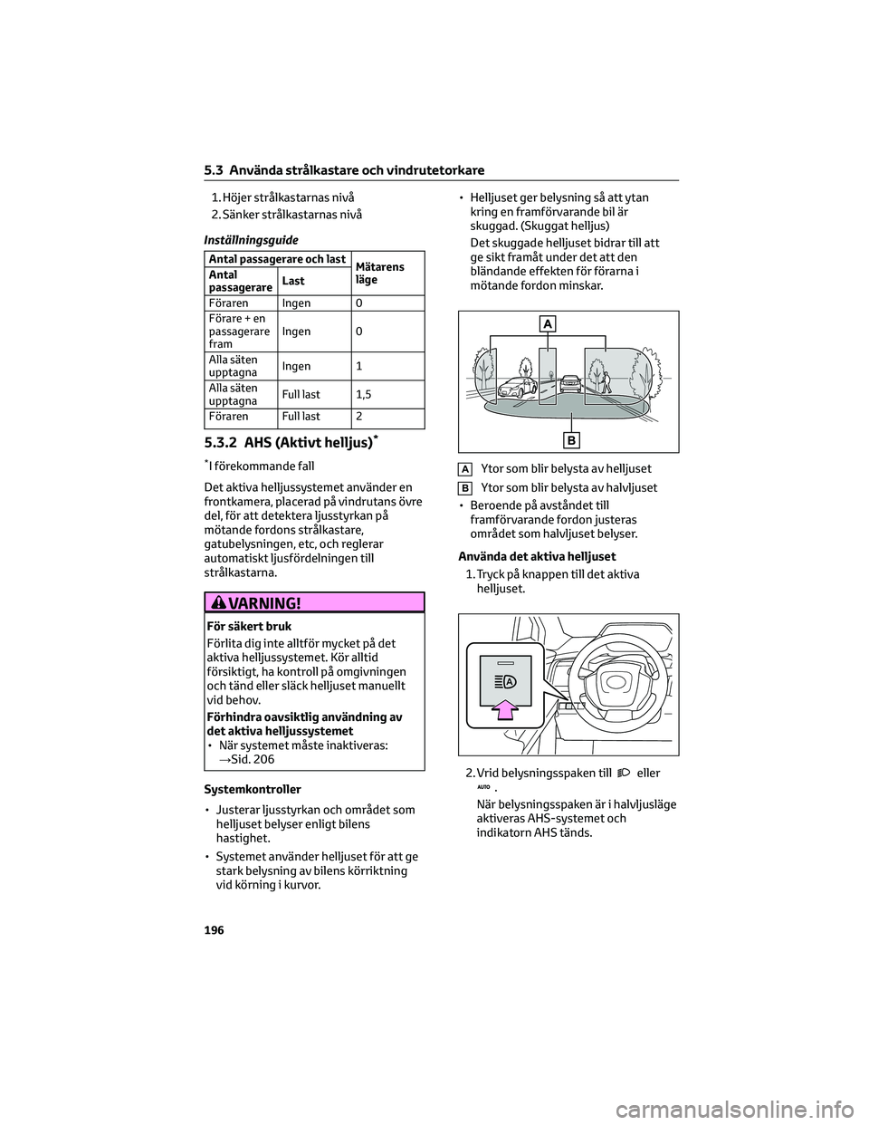 TOYOTA BZ4X 2023  Bruksanvisningar (in Swedish) 1. Höjer strålkastarnas nivå
2. Sänker strålkastarnas nivå
Inställningsguide
Antal passagerare och last
Mätarens
läge Antal
passagerareLast
Föraren Ingen 0
Förare + en
passagerare
framIngen