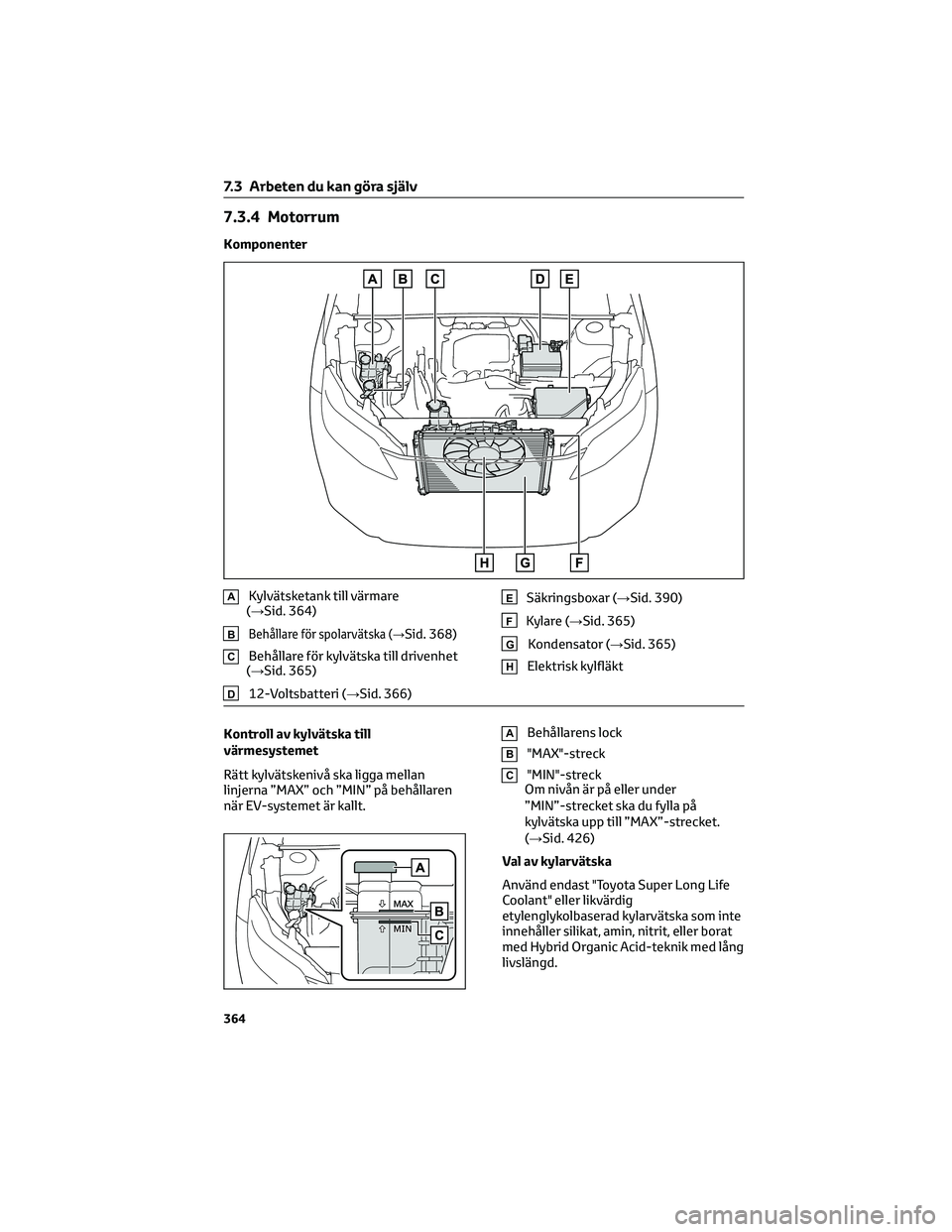 TOYOTA BZ4X 2023 Bruksanvisningar (in Swedish) 7.3.4 Motorrum
Komponenter
AKylvätsketank till värmare
(→Sid. 364)
BBehållare för spolarvätska (→Sid. 368)
CBehållare för kylvätska till drivenhet
(→Sid. 365)
D12-Voltsbatteri (→Sid. 3 TOYOTA BZ4X 2023 Bruksanvisningar (in Swedish) 7.3.4 Motorrum
Komponenter
AKylvätsketank till värmare
(→Sid. 364)
BBehållare för spolarvätska (→Sid. 368)
CBehållare för kylvätska till drivenhet
(→Sid. 365)
D12-Voltsbatteri (→Sid. 3