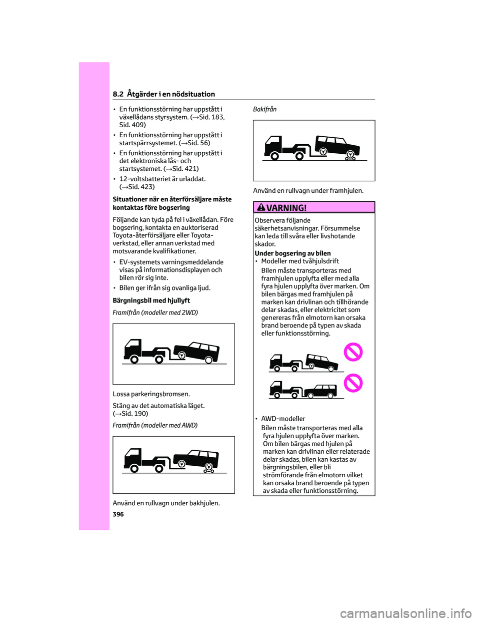 TOYOTA BZ4X 2023 Bruksanvisningar (in Swedish) • En funktionsstörning har uppstått iväxellådans styrsystem. (→Sid. 183,
Sid. 409)
• En funktionsstörning har uppstått i startspärrsystemet. (→Sid. 56)
• En funktionsstörning har upp TOYOTA BZ4X 2023 Bruksanvisningar (in Swedish) • En funktionsstörning har uppstått iväxellådans styrsystem. (→Sid. 183,
Sid. 409)
• En funktionsstörning har uppstått i startspärrsystemet. (→Sid. 56)
• En funktionsstörning har upp