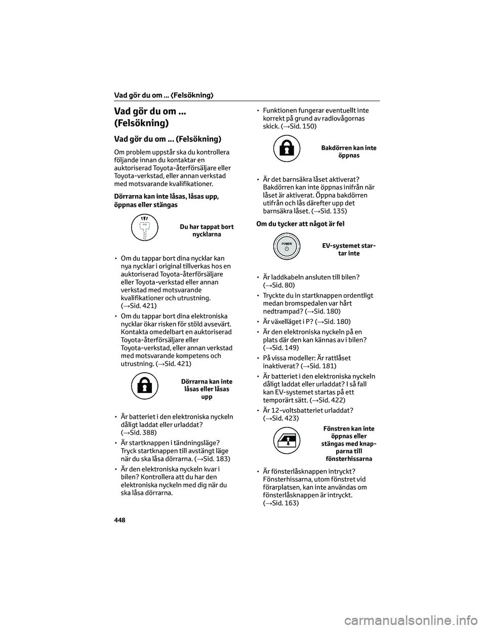 TOYOTA BZ4X 2023 Bruksanvisningar (in Swedish) Vad gör du om ...
(Felsökning)
Vad gör du om ... (Felsökning)
Om problem uppstår ska du kontrollera
följande innan du kontaktar en
auktoriserad Toyota-återförsäljare eller
Toyota-verkstad, el TOYOTA BZ4X 2023 Bruksanvisningar (in Swedish) Vad gör du om ...
(Felsökning)
Vad gör du om ... (Felsökning)
Om problem uppstår ska du kontrollera
följande innan du kontaktar en
auktoriserad Toyota-återförsäljare eller
Toyota-verkstad, el