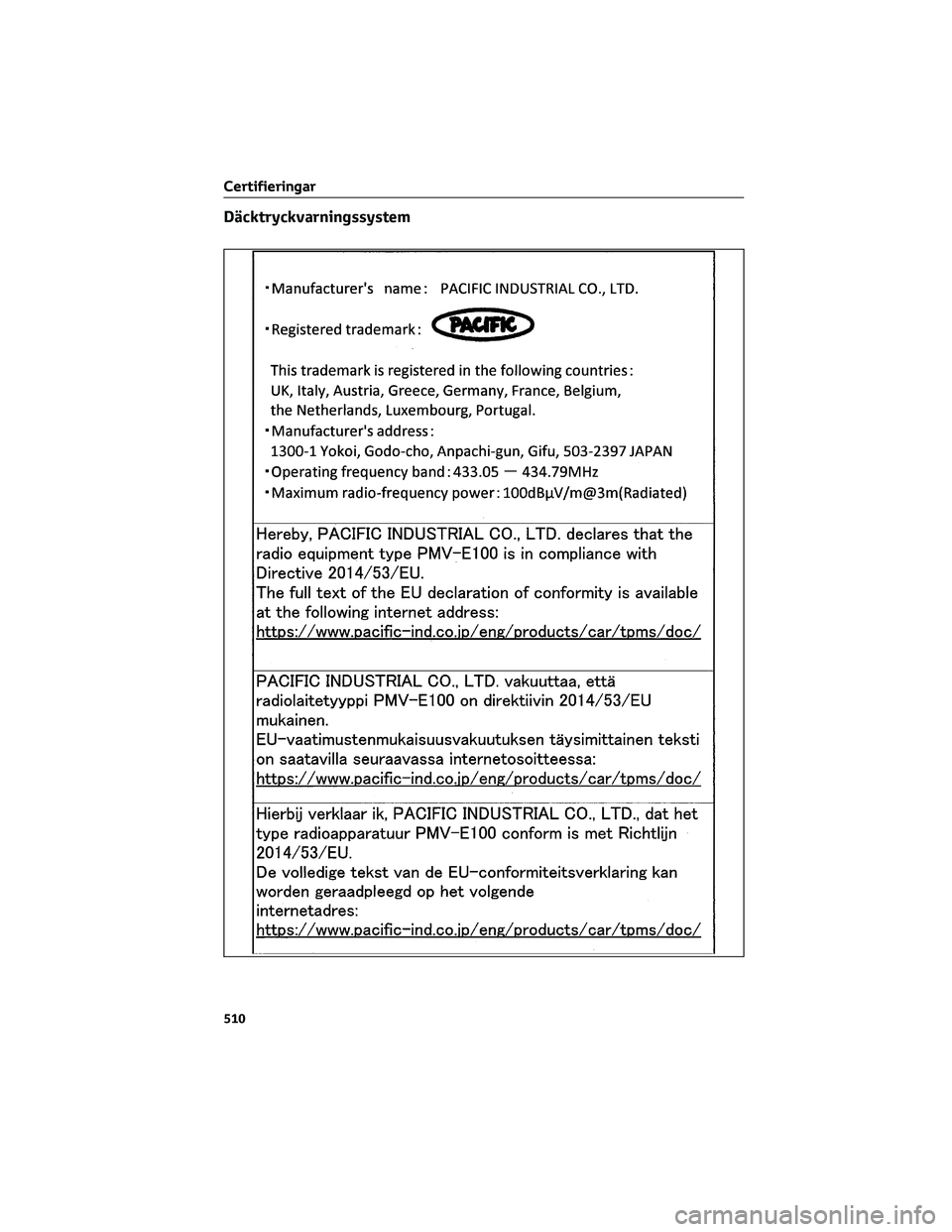 TOYOTA BZ4X 2023  Bruksanvisningar (in Swedish) Däcktryckvarningssystem
Certifieringar
510 