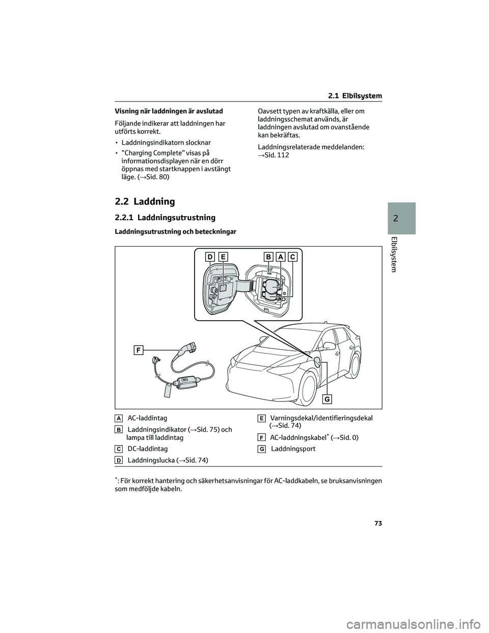 TOYOTA BZ4X 2023 Bruksanvisningar (in Swedish) Visning när laddningen är avslutad
Följande indikerar att laddningen har
utförts korrekt.
• Laddningsindikatorn slocknar
• ”Charging Complete” visas på
informationsdisplayen när en dörr TOYOTA BZ4X 2023 Bruksanvisningar (in Swedish) Visning när laddningen är avslutad
Följande indikerar att laddningen har
utförts korrekt.
• Laddningsindikatorn slocknar
• ”Charging Complete” visas på
informationsdisplayen när en dörr