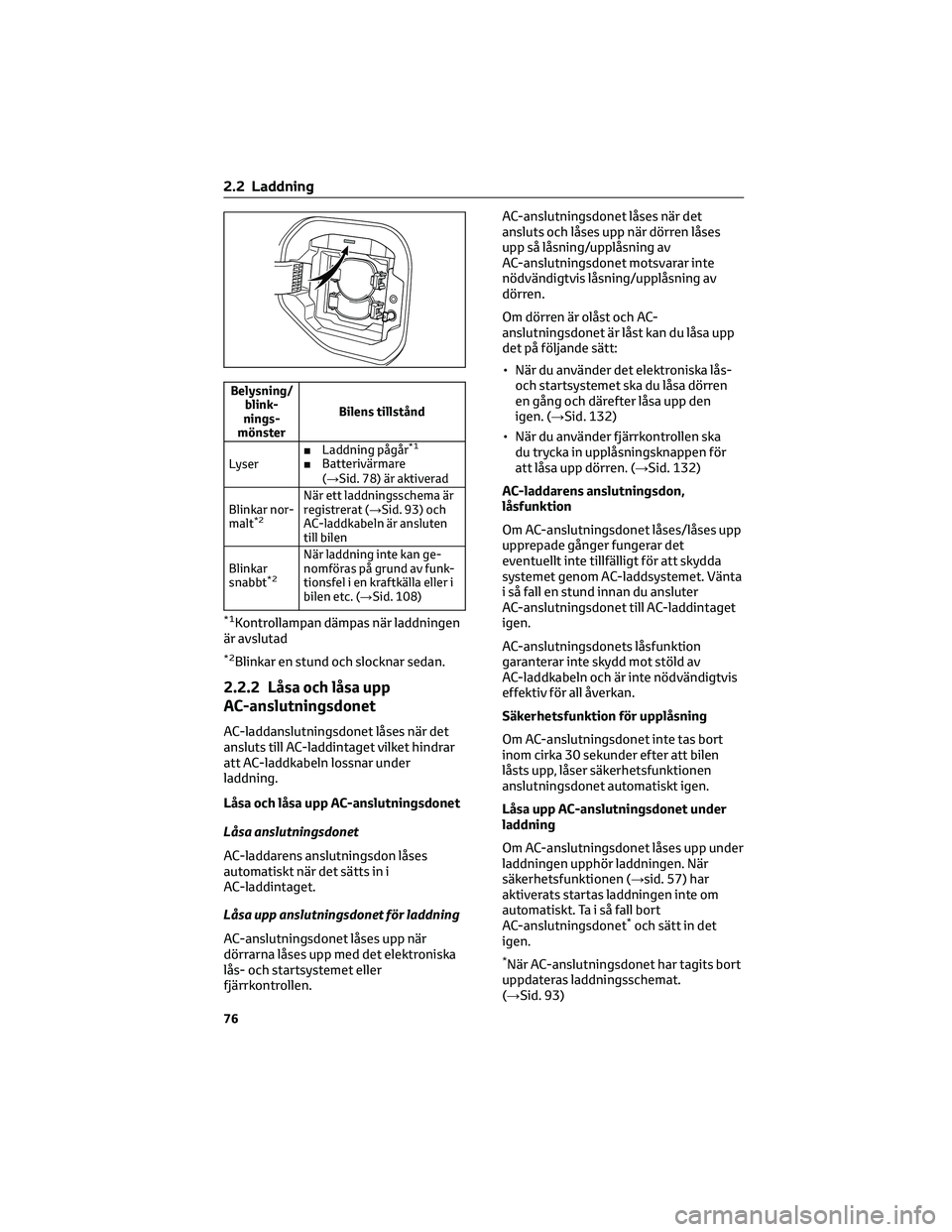 TOYOTA BZ4X 2023 Bruksanvisningar (in Swedish) Belysning/
blink-
nings-
mönsterBilens tillstånd
Lyser■Laddning pågår
*1
■Batterivärmare
(→Sid. 78) är aktiverad
Blinkar nor-
malt
*2
När ett laddningsschema är
registrerat (→Sid. 93) TOYOTA BZ4X 2023 Bruksanvisningar (in Swedish) Belysning/
blink-
nings-
mönsterBilens tillstånd
Lyser■Laddning pågår
*1
■Batterivärmare
(→Sid. 78) är aktiverad
Blinkar nor-
malt
*2
När ett laddningsschema är
registrerat (→Sid. 93)