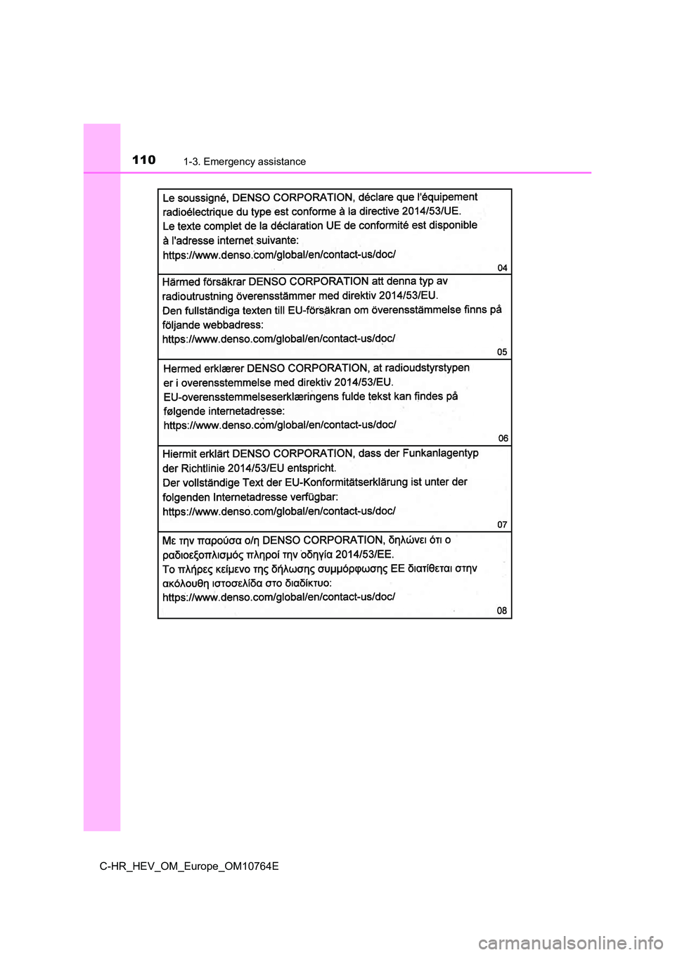 TOYOTA C-HR 2023  Owners Manual 1101-3. Emergency assistance
C-HR_HEV_OM_Europe_OM10764E 