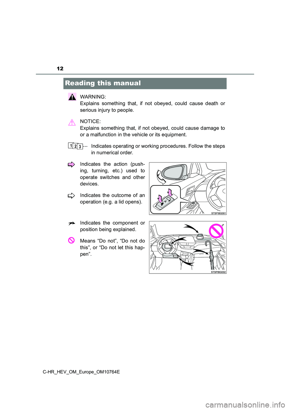 TOYOTA C-HR 2023  Owners Manual 12
C-HR_HEV_OM_Europe_OM10764E
Reading this manual
WARNING:  
Explains  something  that,  if  not  obeyed,  could  cause  death  or 
serious injury to people. 
NOTICE:  
Explains  something that, if  