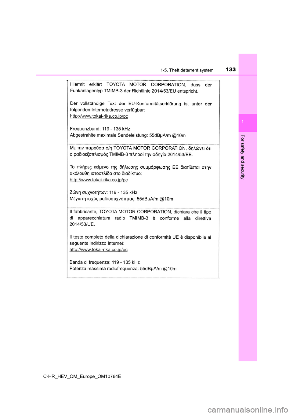 TOYOTA C-HR 2023 Owners Manual 1331-5. Theft deterrent system
1
For safety and security
C-HR_HEV_OM_Europe_OM10764E TOYOTA C-HR 2023 Owners Manual 1331-5. Theft deterrent system
1
For safety and security
C-HR_HEV_OM_Europe_OM10764E