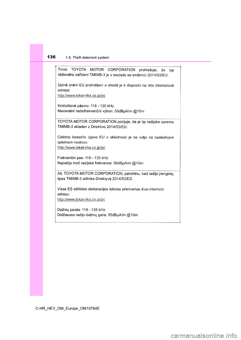 TOYOTA C-HR 2023 Owners Manual 1361-5. Theft deterrent system
C-HR_HEV_OM_Europe_OM10764E TOYOTA C-HR 2023 Owners Manual 1361-5. Theft deterrent system
C-HR_HEV_OM_Europe_OM10764E