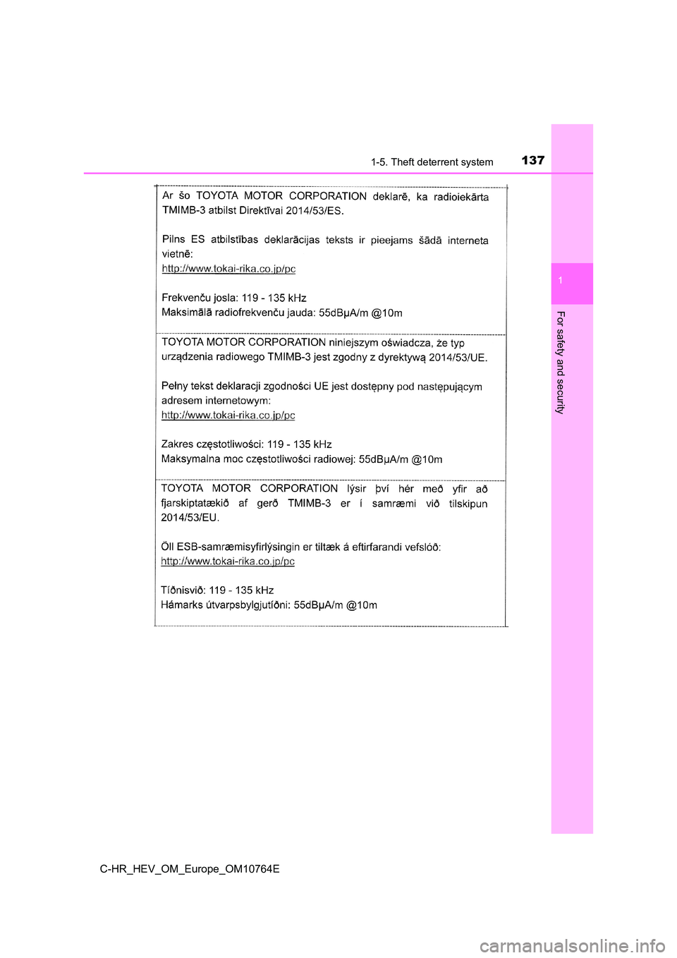 TOYOTA C-HR 2023 Owners Manual 1371-5. Theft deterrent system
1
For safety and security
C-HR_HEV_OM_Europe_OM10764E TOYOTA C-HR 2023 Owners Manual 1371-5. Theft deterrent system
1
For safety and security
C-HR_HEV_OM_Europe_OM10764E