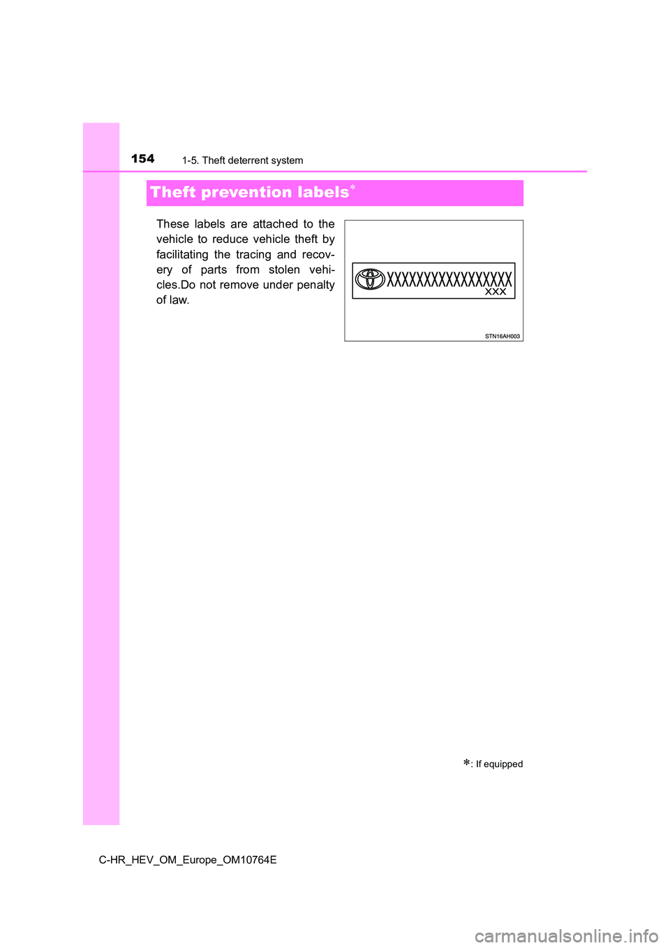 TOYOTA C-HR 2023  Owners Manual 1541-5. Theft deterrent system
C-HR_HEV_OM_Europe_OM10764E
Theft prevention labels
These  labels  are  attached  to  the 
vehicle  to  reduce  vehicle  theft  by 
facilitating  the  tracing  and  r