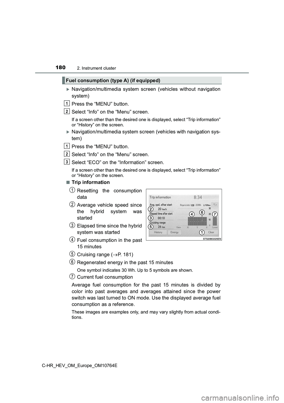 TOYOTA C-HR 2023 Owners Manual 1802. Instrument cluster
C-HR_HEV_OM_Europe_OM10764E
Navigation/multimedia system screen (vehicles without navigation
system)
Press the “MENU” button.
Select “Info” on the “Menu TOYOTA C-HR 2023 Owners Manual 1802. Instrument cluster
C-HR_HEV_OM_Europe_OM10764E
Navigation/multimedia system screen (vehicles without navigation
system)
Press the “MENU” button.
Select “Info” on the “Menu