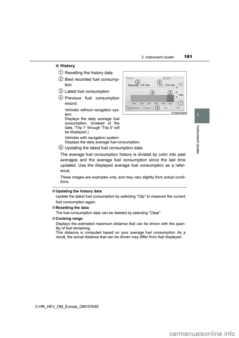 TOYOTA C-HR 2023 Owners Manual 1812. Instrument cluster
2
Instrument cluster
C-HR_HEV_OM_Europe_OM10764E
■History
Resetting the history data
Best recorded fuel consump-
tion
Latest fuel consumption
Previous fuel consump TOYOTA C-HR 2023 Owners Manual 1812. Instrument cluster
2
Instrument cluster
C-HR_HEV_OM_Europe_OM10764E
■History
Resetting the history data
Best recorded fuel consump-
tion
Latest fuel consumption
Previous fuel consump